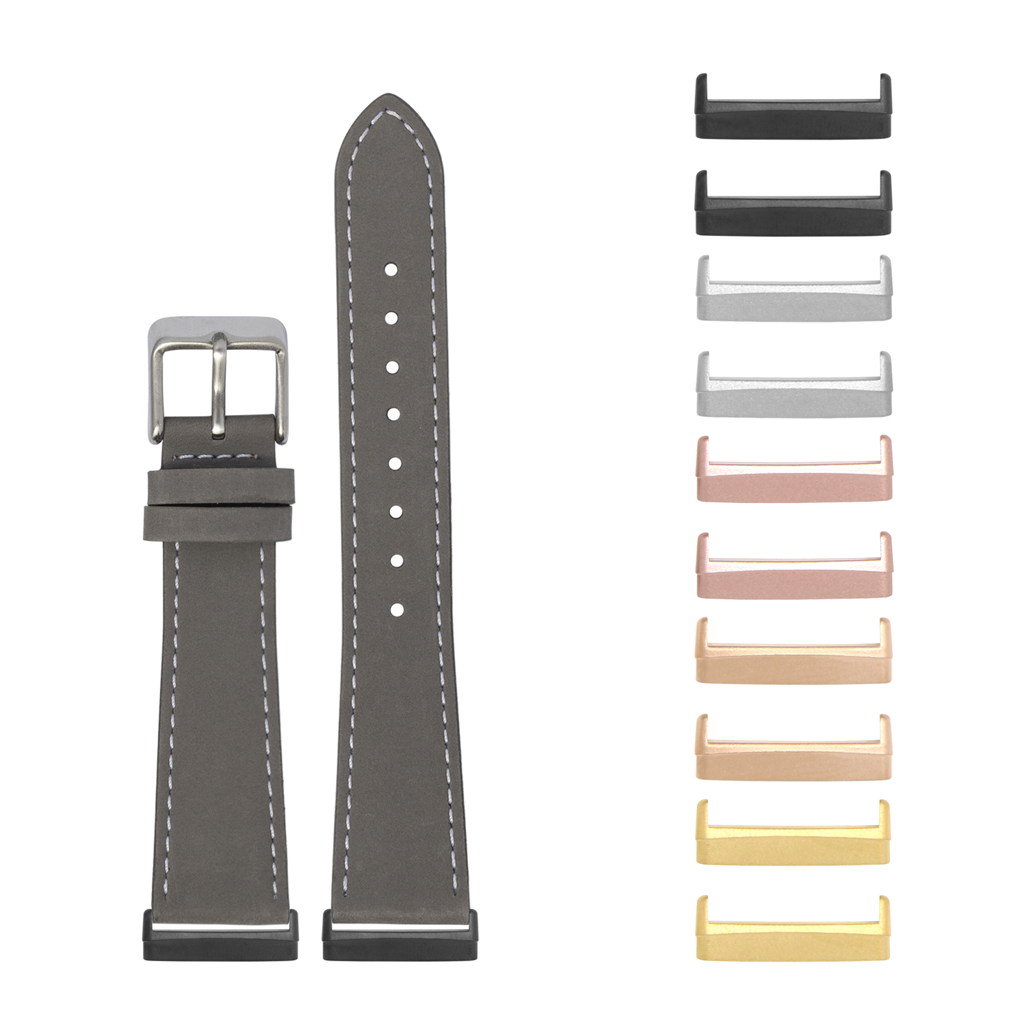 Grey nubuck leather smartwatch band with white stitching and interchangeable metal lugs in multiple finishes for Fitbit Versa and Sense