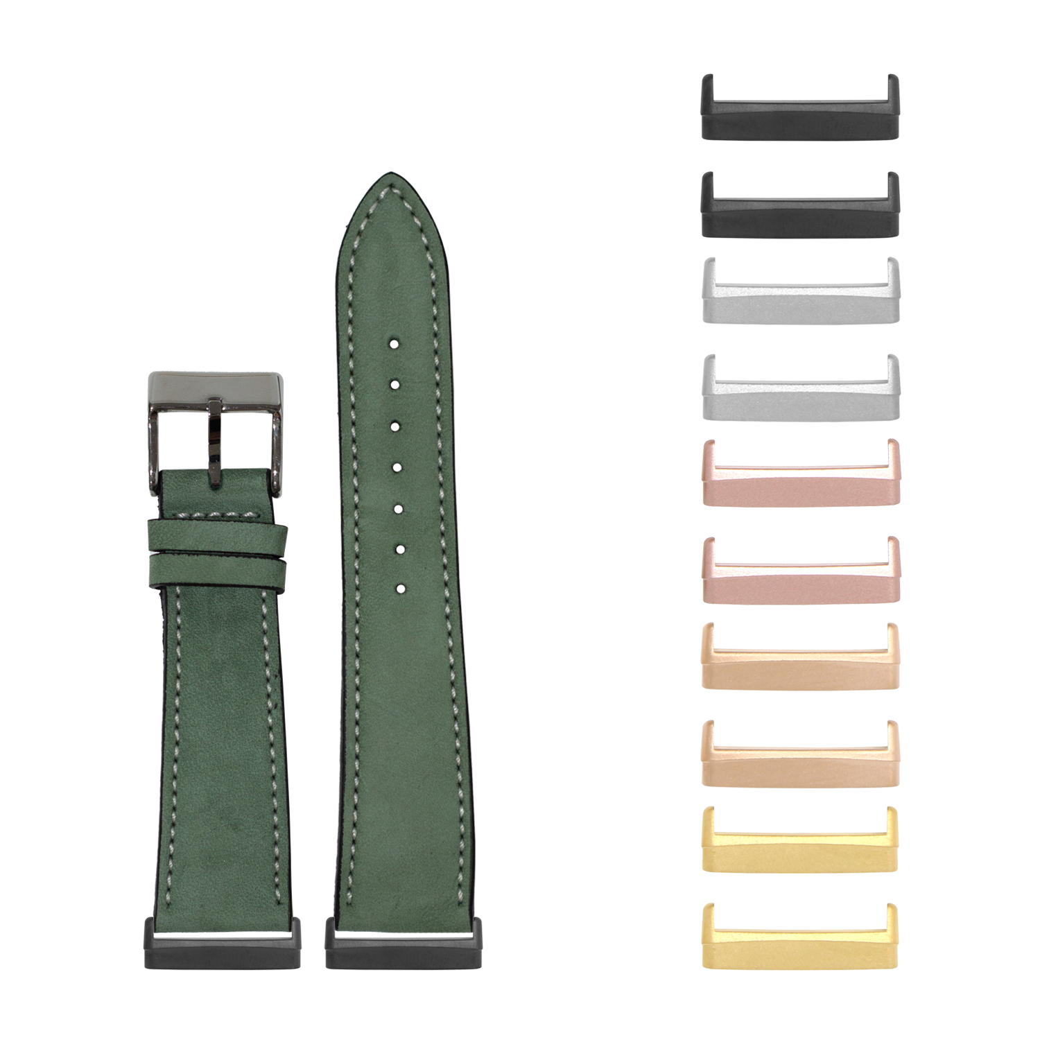 Green nubuck leather smartwatch band with white stitching and interchangeable metal lugs in multiple finishes