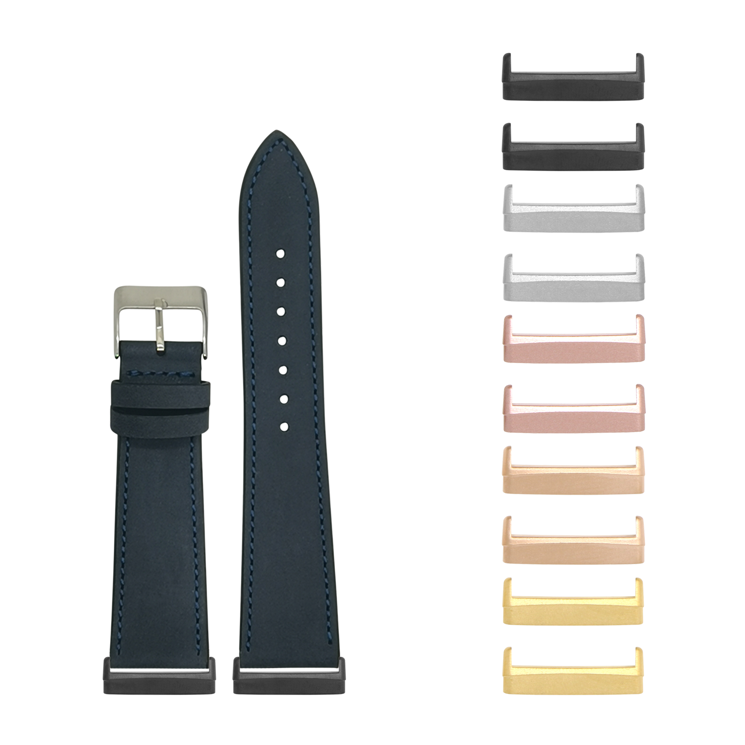 Navy blue nubuck leather watch band with metal buckle for Fitbit Versa and Sense smartwatches, shown with interchangeable metal lugs in multiple finishes