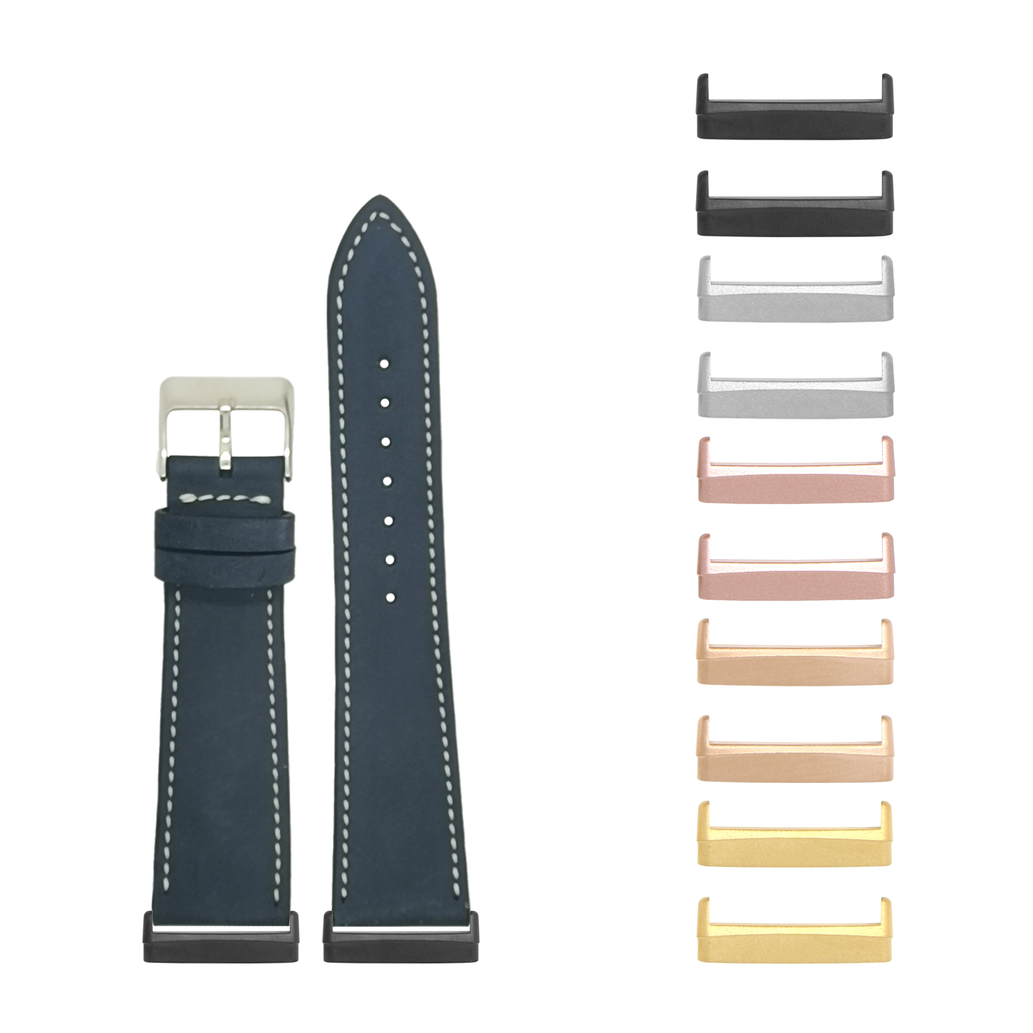 Navy blue nubuck leather smartwatch band with white stitching and interchangeable metal lugs in multiple finishes