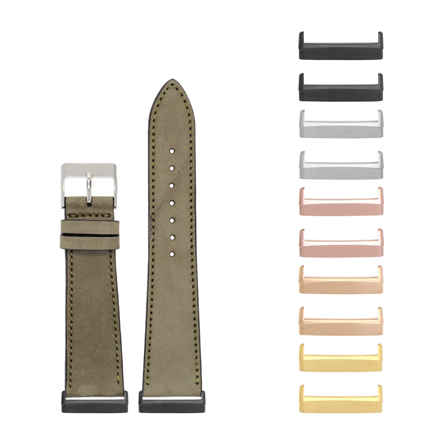 Olive green nubuck leather watch band with silver buckle for Fitbit Versa and Sense, shown with interchangeable metal lugs in multiple finishes