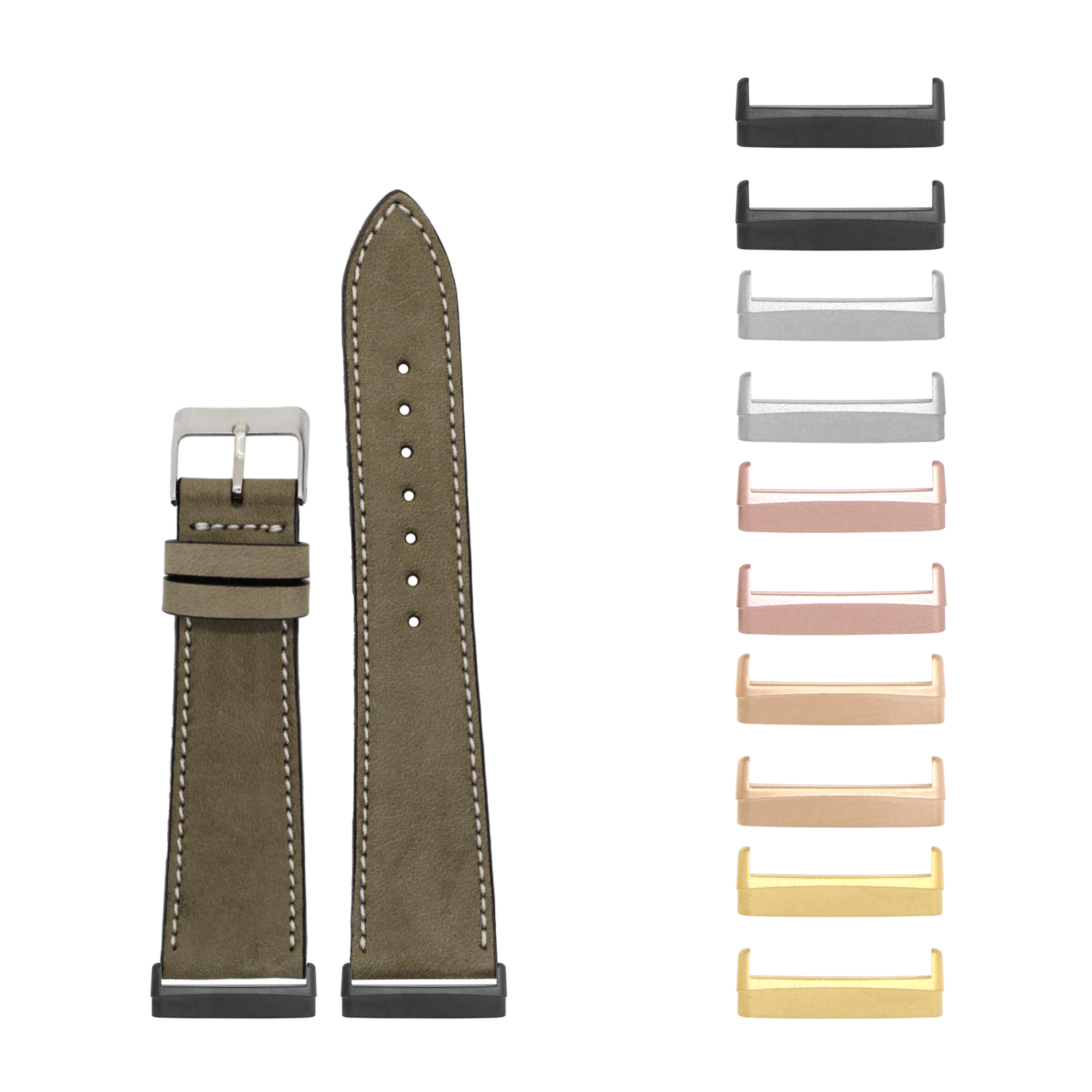 Olive green nubuck leather Fitbit smartwatch band with white stitching and interchangeable metal hardware in multiple finishes