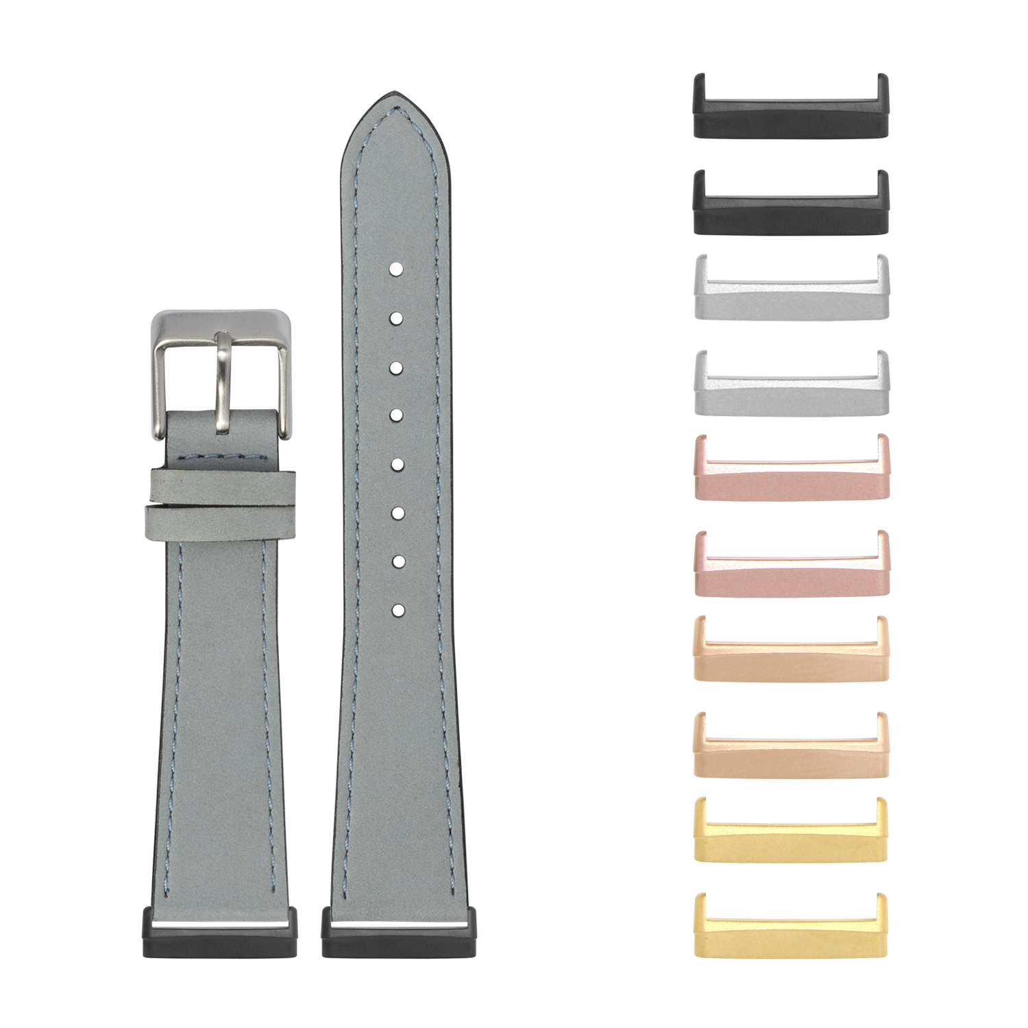 Nubuck leather watch band with interchangeable metal lugs in multiple colors including black, rose gold, and gold for Fitbit Versa and Sense smartwatches