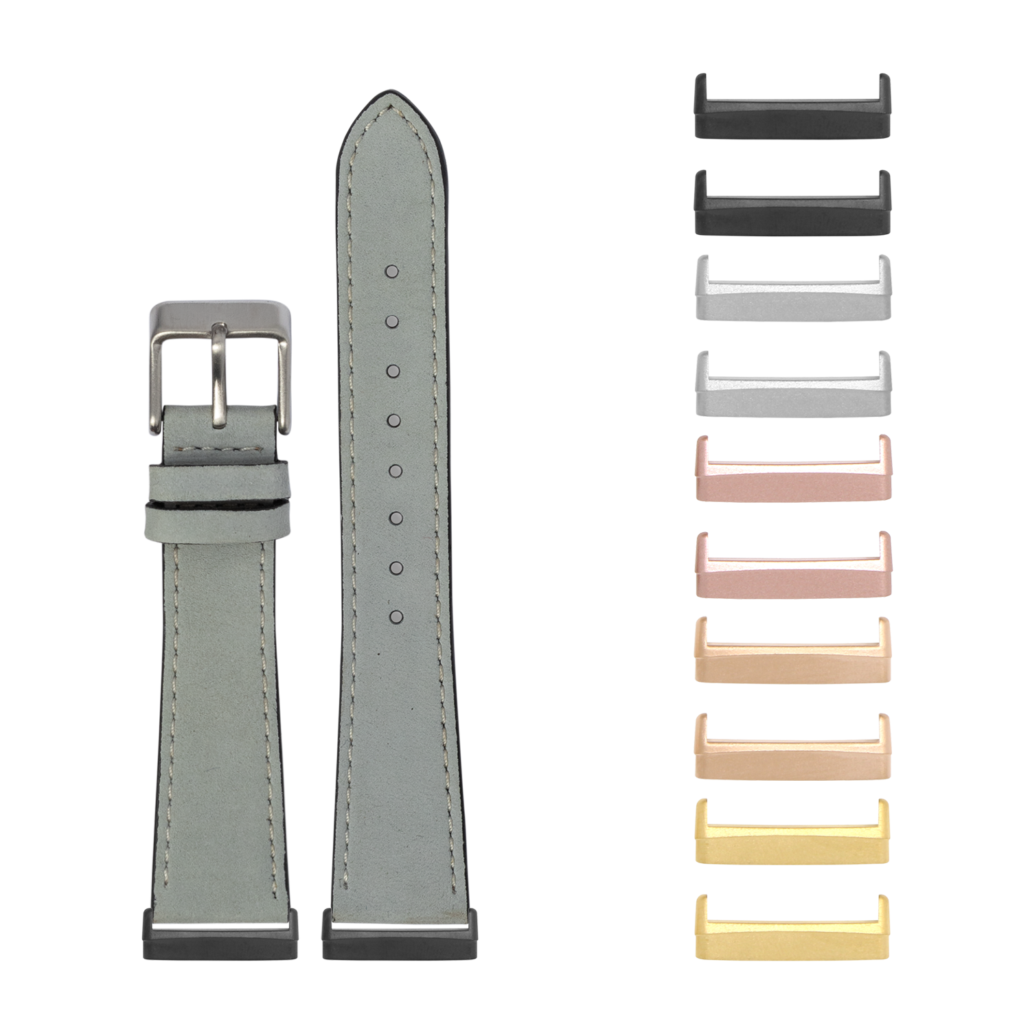 Gray nubuck leather watch band with silver buckle and interchangeable metal lugs in multiple finishes