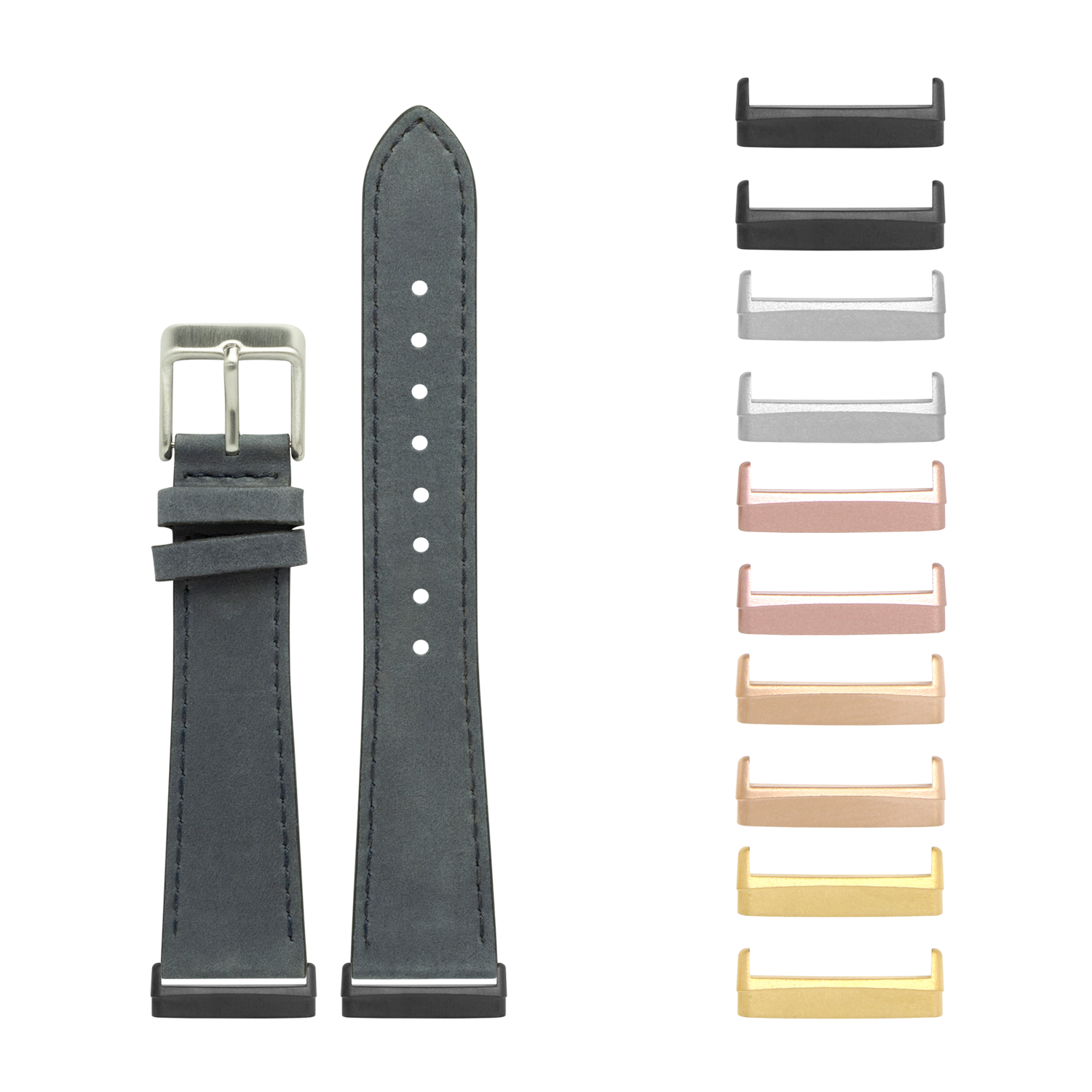 Gray nubuck leather smartwatch band with silver buckle and interchangeable metal lugs in multiple finishes