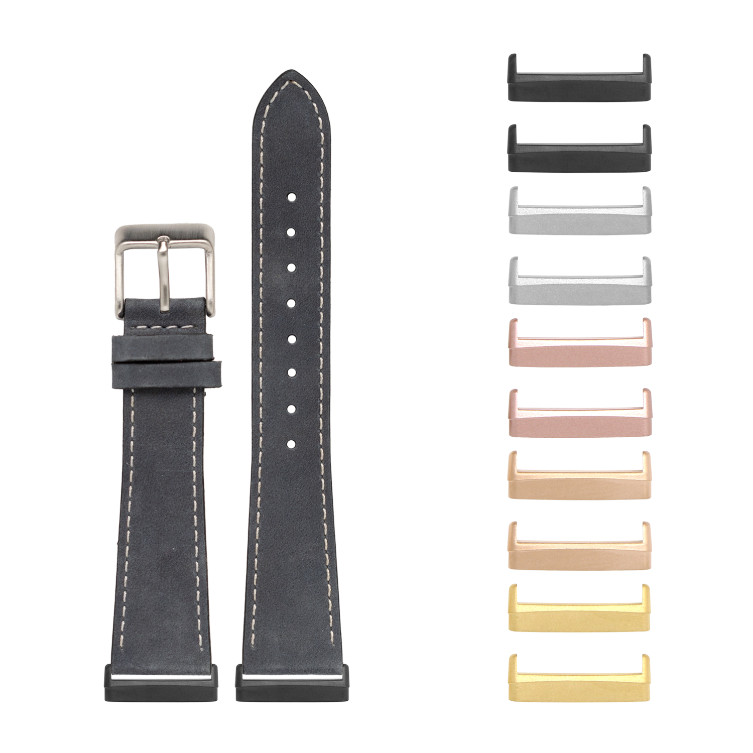 Slate grey nubuck leather smartwatch band with white stitching and interchangeable metal case connectors in multiple finishes for Fitbit Versa and Sense