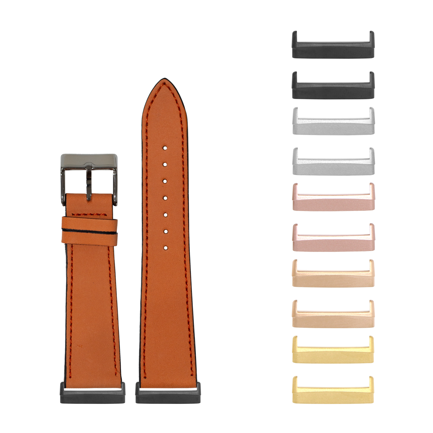Tan leather watch band with contrast stitching and interchangeable metal lugs in multiple finishes including black, rose gold, and gold
