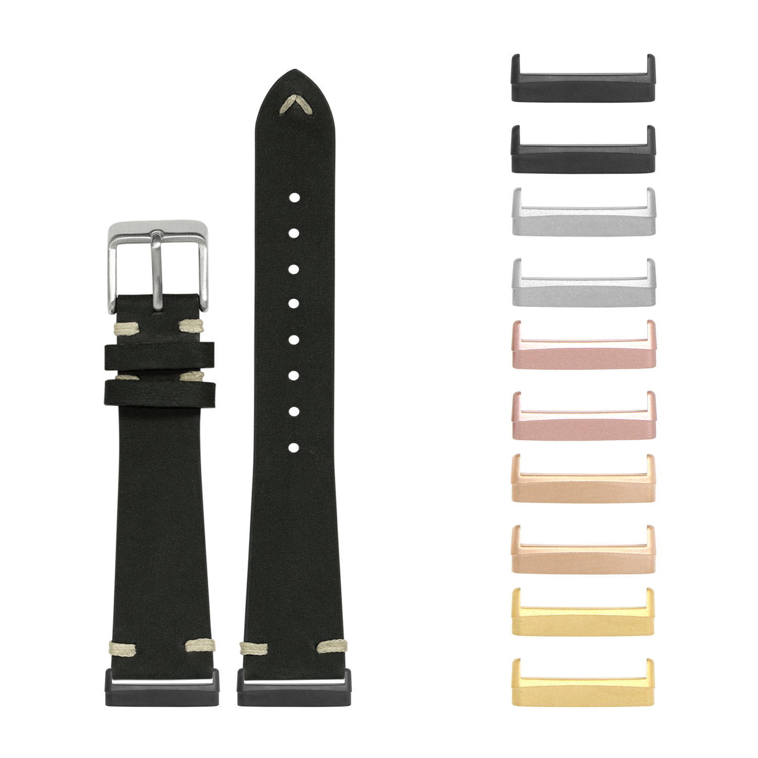 Black nubuck leather watch band with vintage knotted design and interchangeable metal lugs in multiple finishes