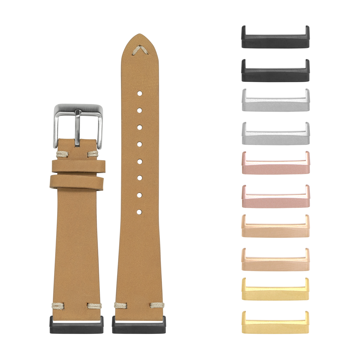 Tan nubuck leather watch band with interchangeable metal lugs in multiple finishes for Fitbit Versa and Sense smartwatches