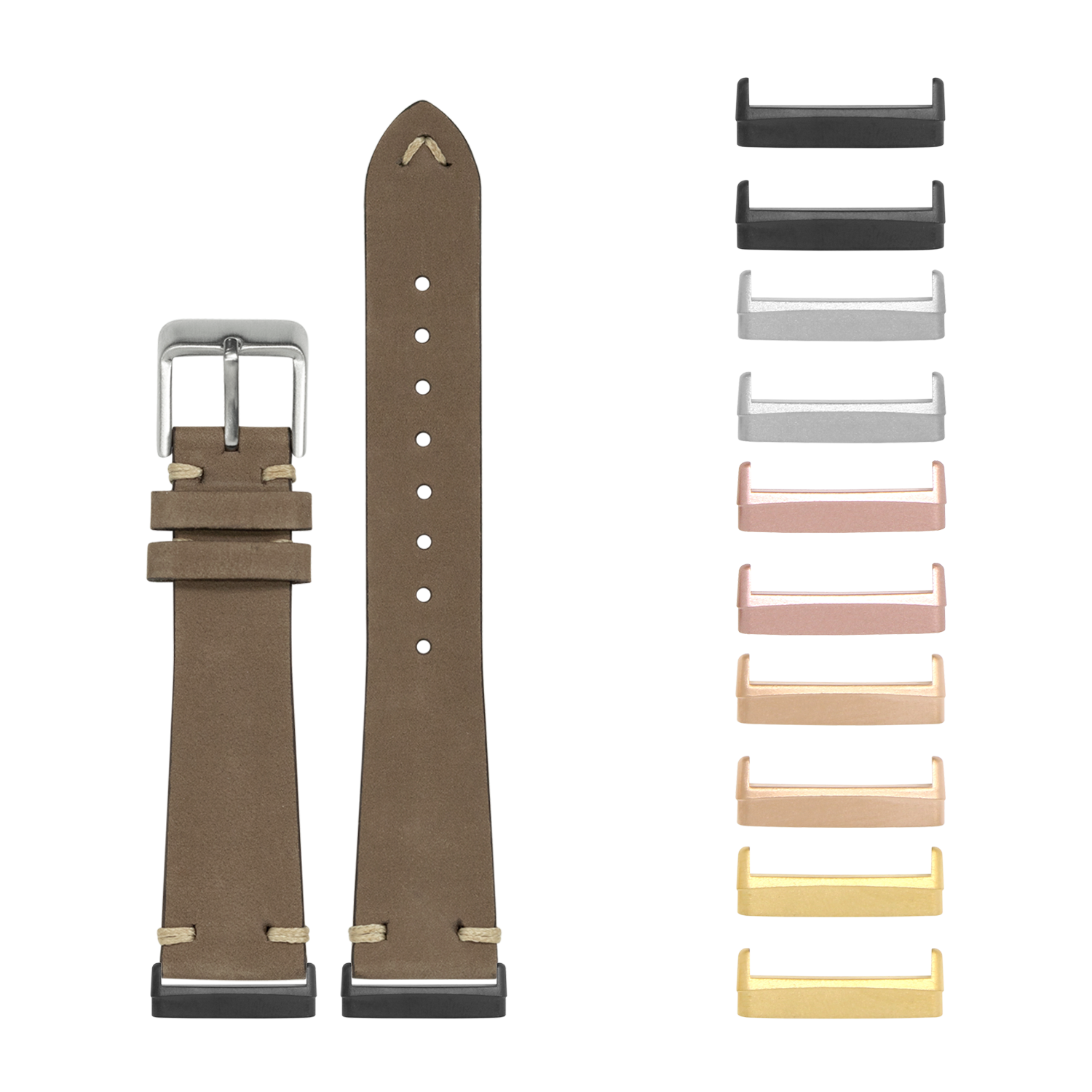 Brown nubuck leather watch band with metal buckle and interchangeable lugs in multiple finishes for Fitbit Versa and Sense smartwatches