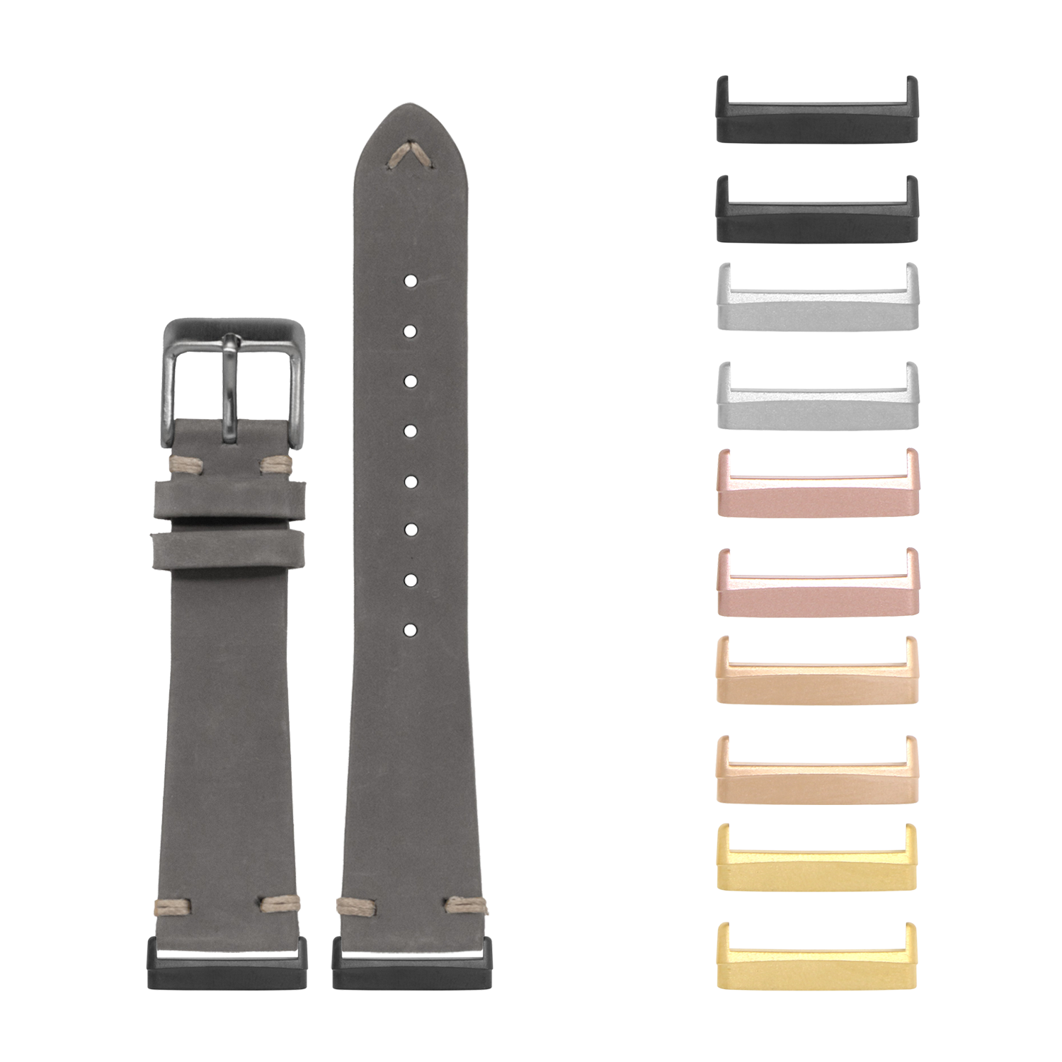 Grey nubuck leather watch band with knotted design and interchangeable metal hardware for Fitbit Versa and Sense smartwatches