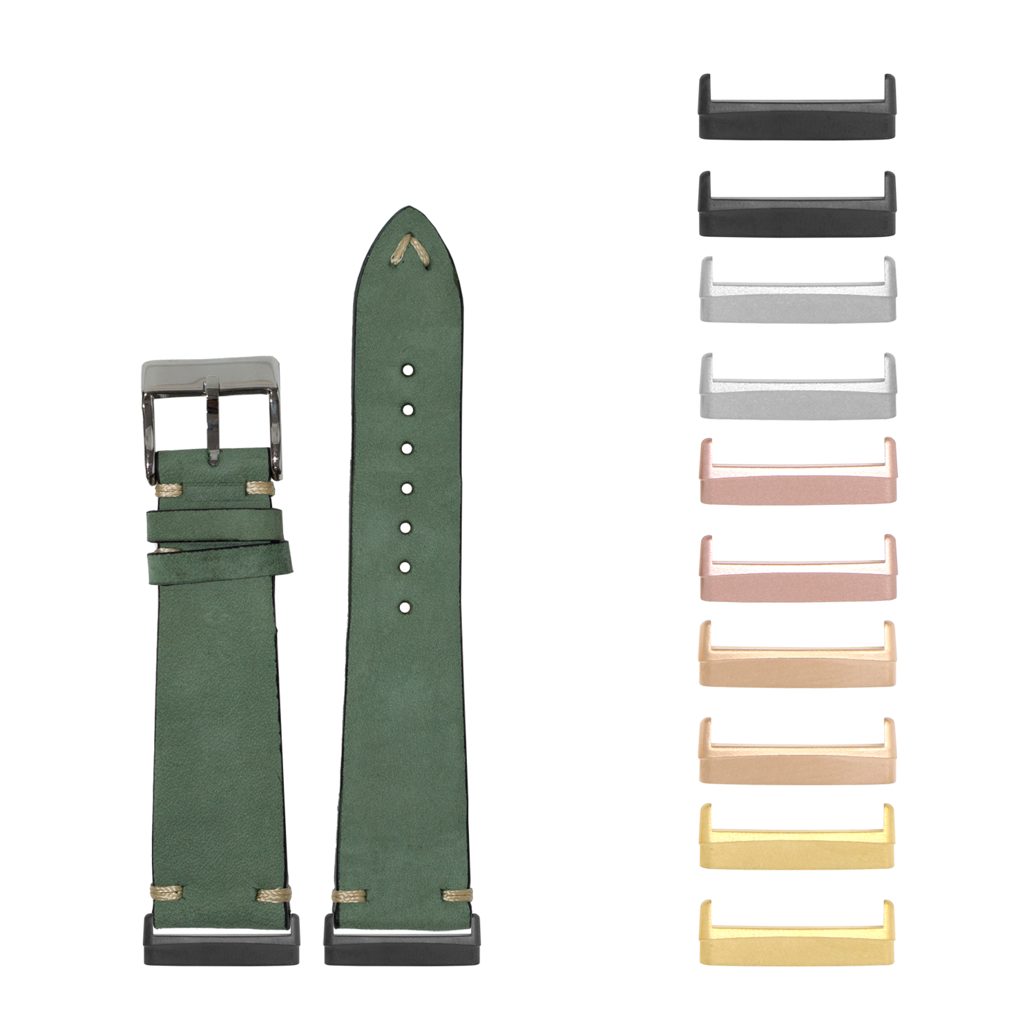Green nubuck leather watch band with interchangeable metal hardware in multiple finishes displayed with buckle and strap components