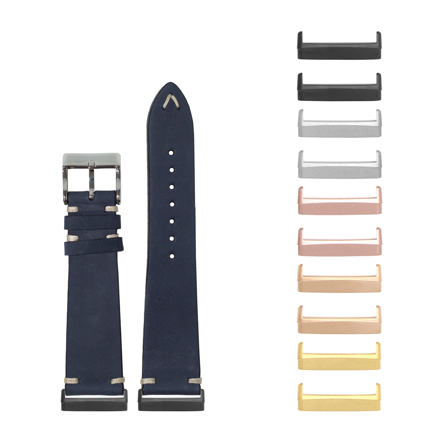 Navy blue nubuck leather watch band with interchangeable metal lugs in multiple finishes for Fitbit Versa and Sense smartwatches