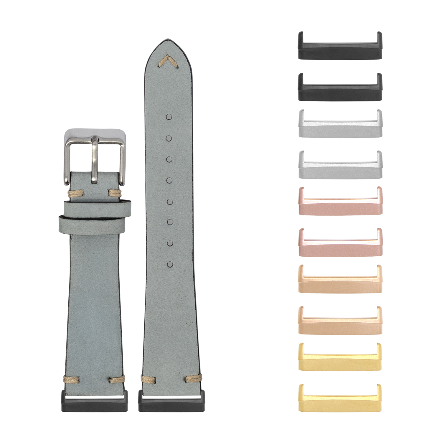 Grey nubuck leather watch strap with interchangeable metal lugs in multiple finishes including black, rose gold, and gold