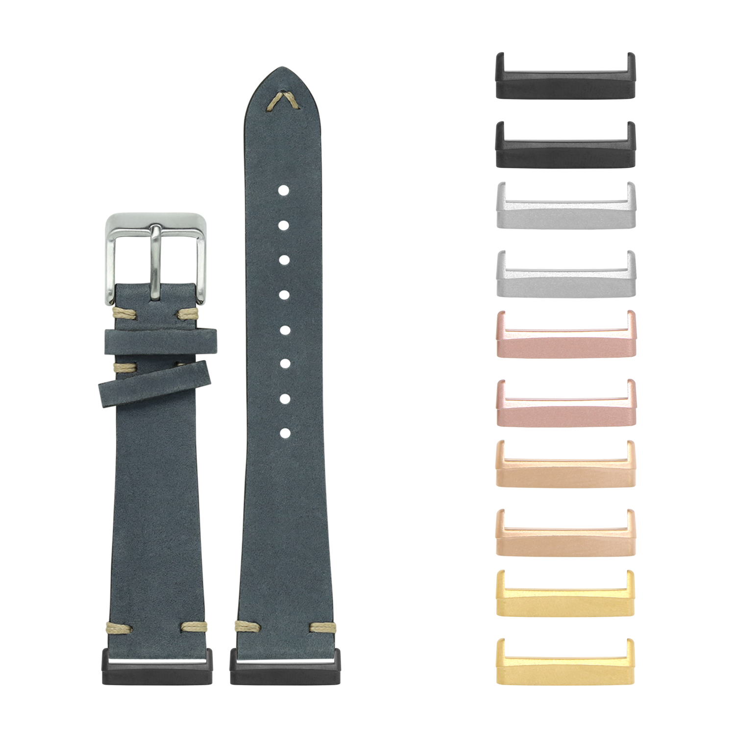 Slate grey nubuck leather watch band with vintage knotted design and interchangeable metal lugs for Fitbit Versa and Sense watches