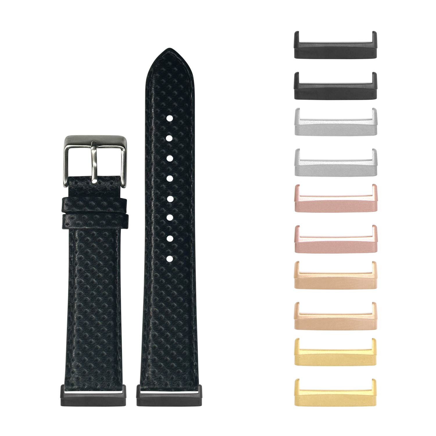 Black perforated racing leather watch strap with silver buckle and interchangeable metal lugs in multiple colors for Fitbit Versa and Sense