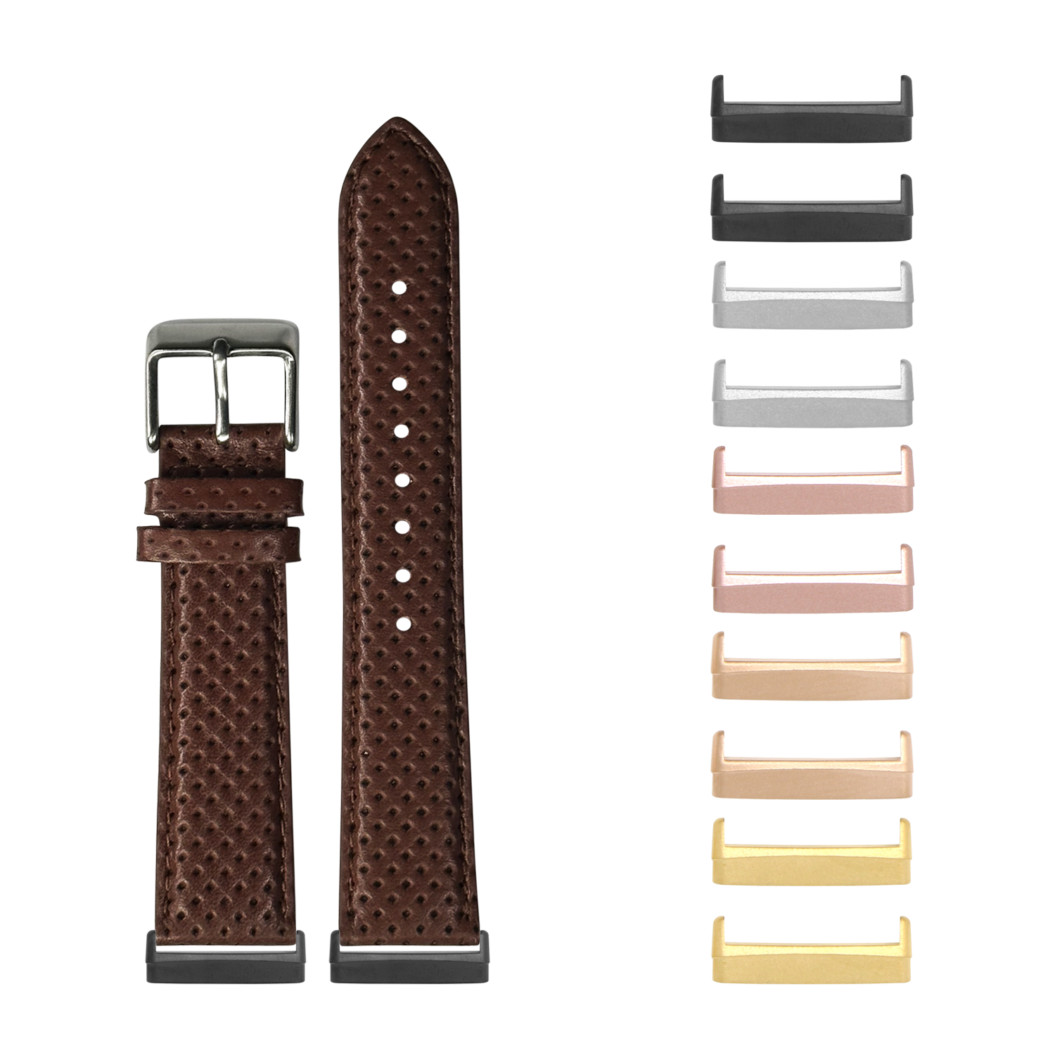 Brown perforated leather watch band with interchangeable metal connectors for Fitbit Versa and Sense smartwatches