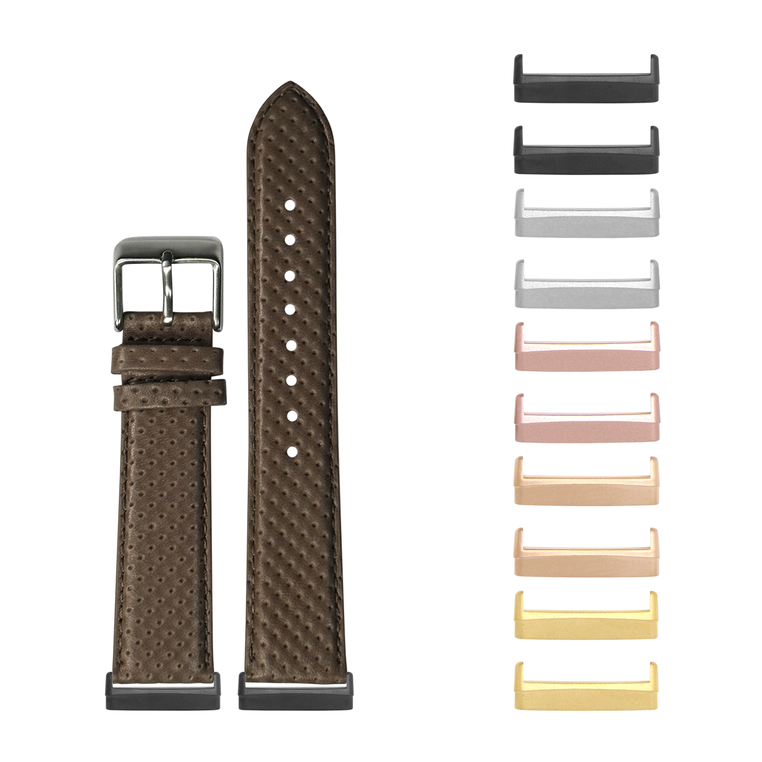 Brown perforated leather watch band with stainless steel buckle and interchangeable metal lugs in multiple finishes for Fitbit Versa and Sense watches