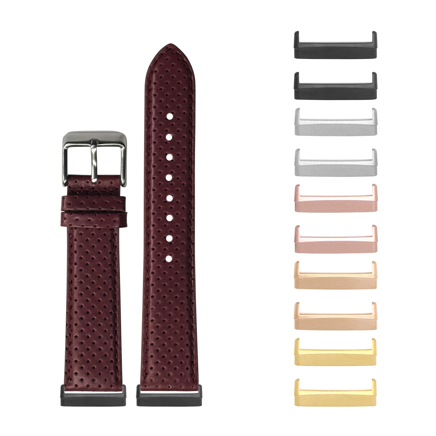 Burgundy perforated leather Fitbit watch band with stainless steel buckle and multiple metal connector options in black, gold, rose gold and silver