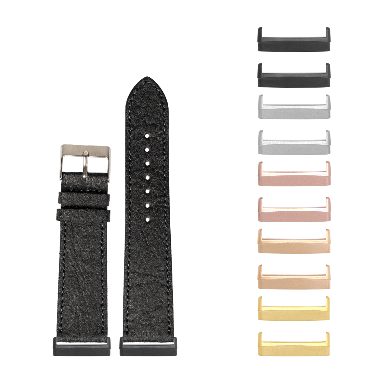Black pineapple vegan leather smartwatch band with metal buckle and interchangeable metal lugs in multiple colors for Fitbit Versa and Sense
