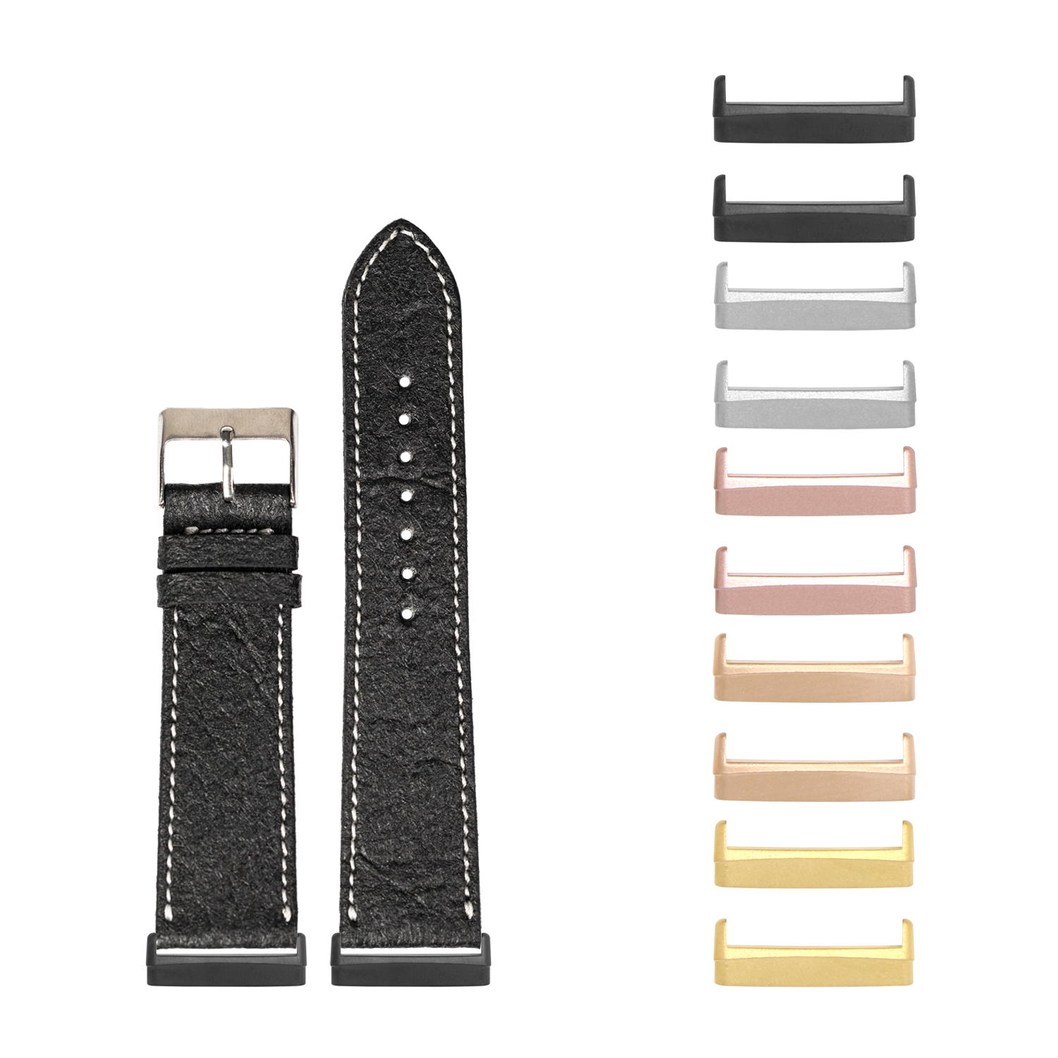 Black leather watch band with white stitching and interchangeable metal case connectors in multiple finishes for Fitbit Versa and Sense smartwatches