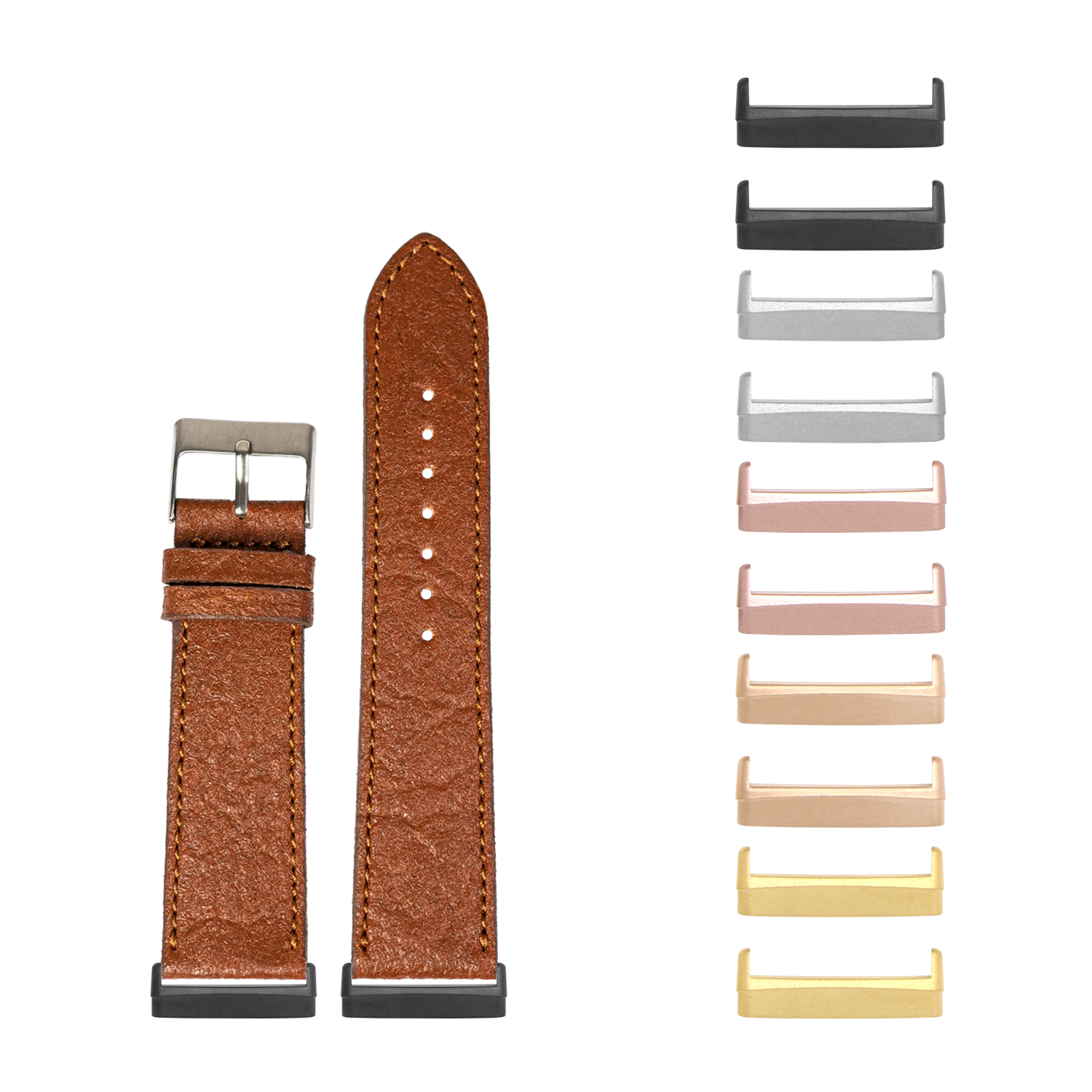 Brown vegan leather watch band with interchangeable metal casings in multiple finishes for Fitbit Versa and Sense smartwatches