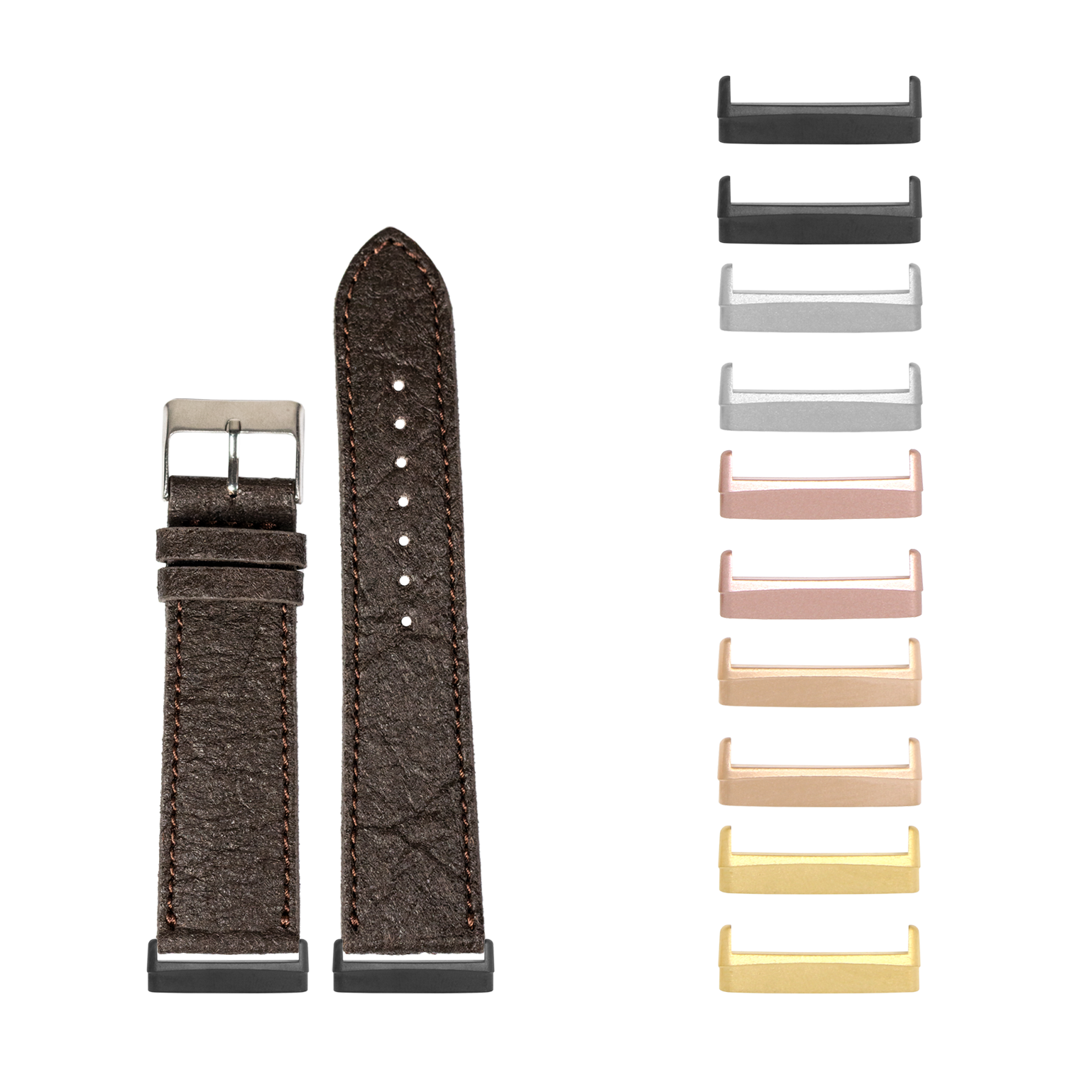 Dark brown textured vegan leather watch band with interchangeable metal connectors in multiple finish options for Fitbit Versa and Sense smartwatches