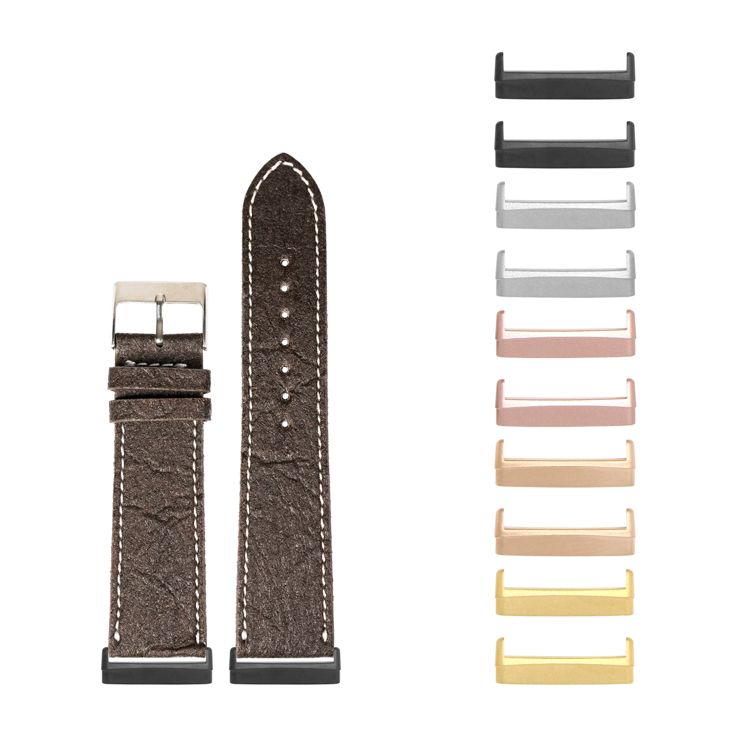 Dark brown vegan leather watch band with white stitching and interchangeable metal lugs in multiple finishes for Fitbit Versa and Sense