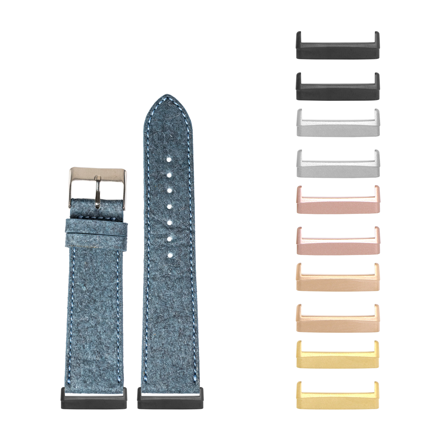 Blue denim vegan leather watch band with white stitching and interchangeable metal lugs in multiple finishes for Fitbit Versa and Sense