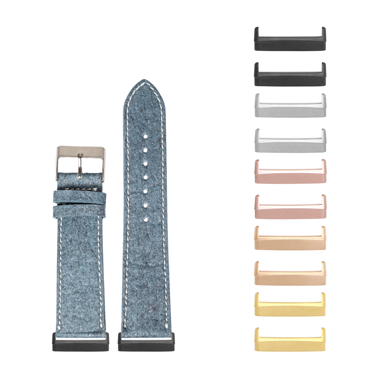 Denim blue vegan leather smartwatch band with white stitching and interchangeable metal lugs in multiple finishes for Fitbit Versa and Sense