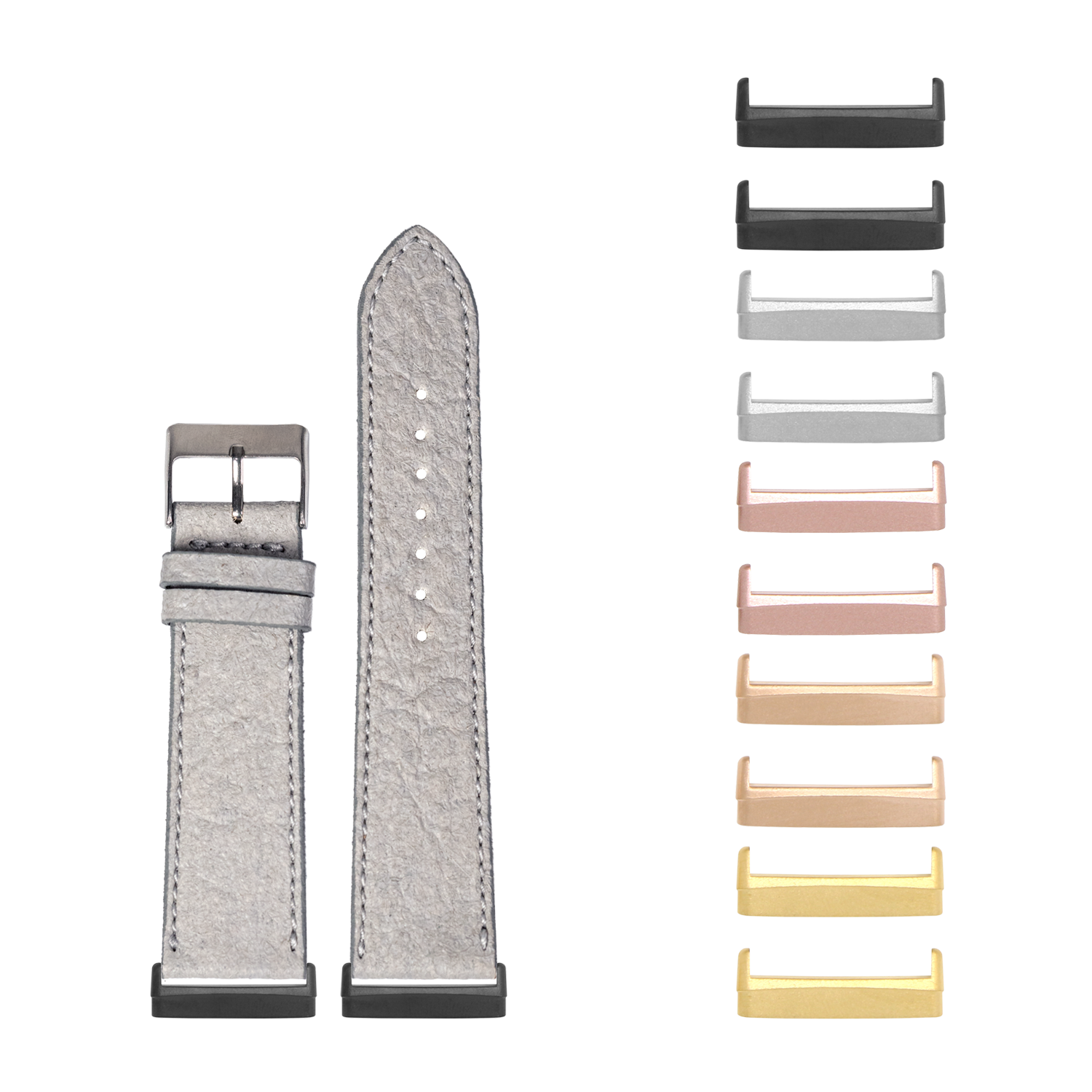 Grey vegan leather watch band with interchangeable metal lugs in multiple finishes for Fitbit Versa and Sense smartwatches