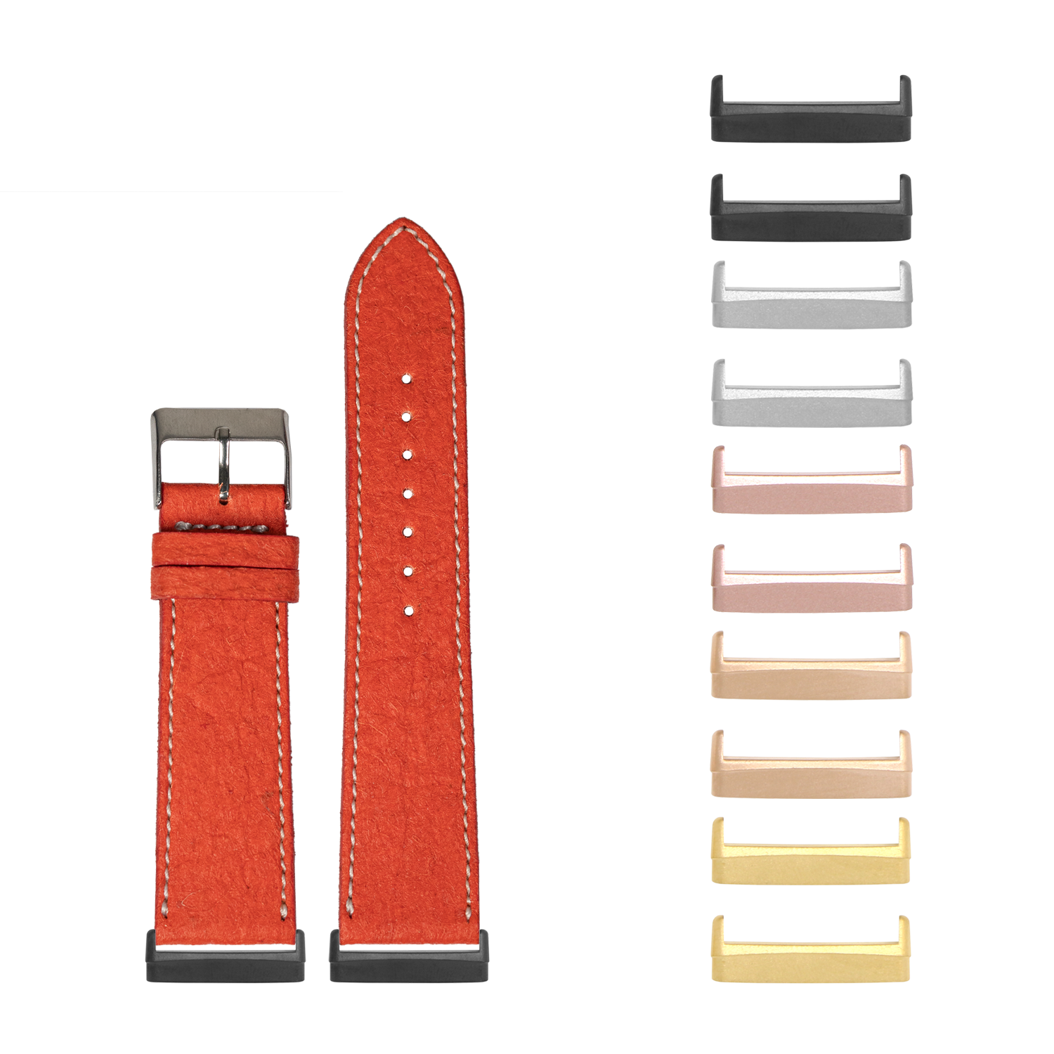 Red vegan leather watch strap with white stitching and interchangeable metal hardware in multiple finishes for Fitbit Versa and Sense