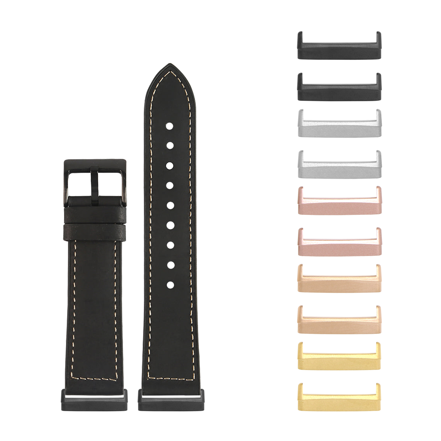 Black leather watch band with contrast stitching and multiple metal case options for Fitbit Versa and Sense smartwatches