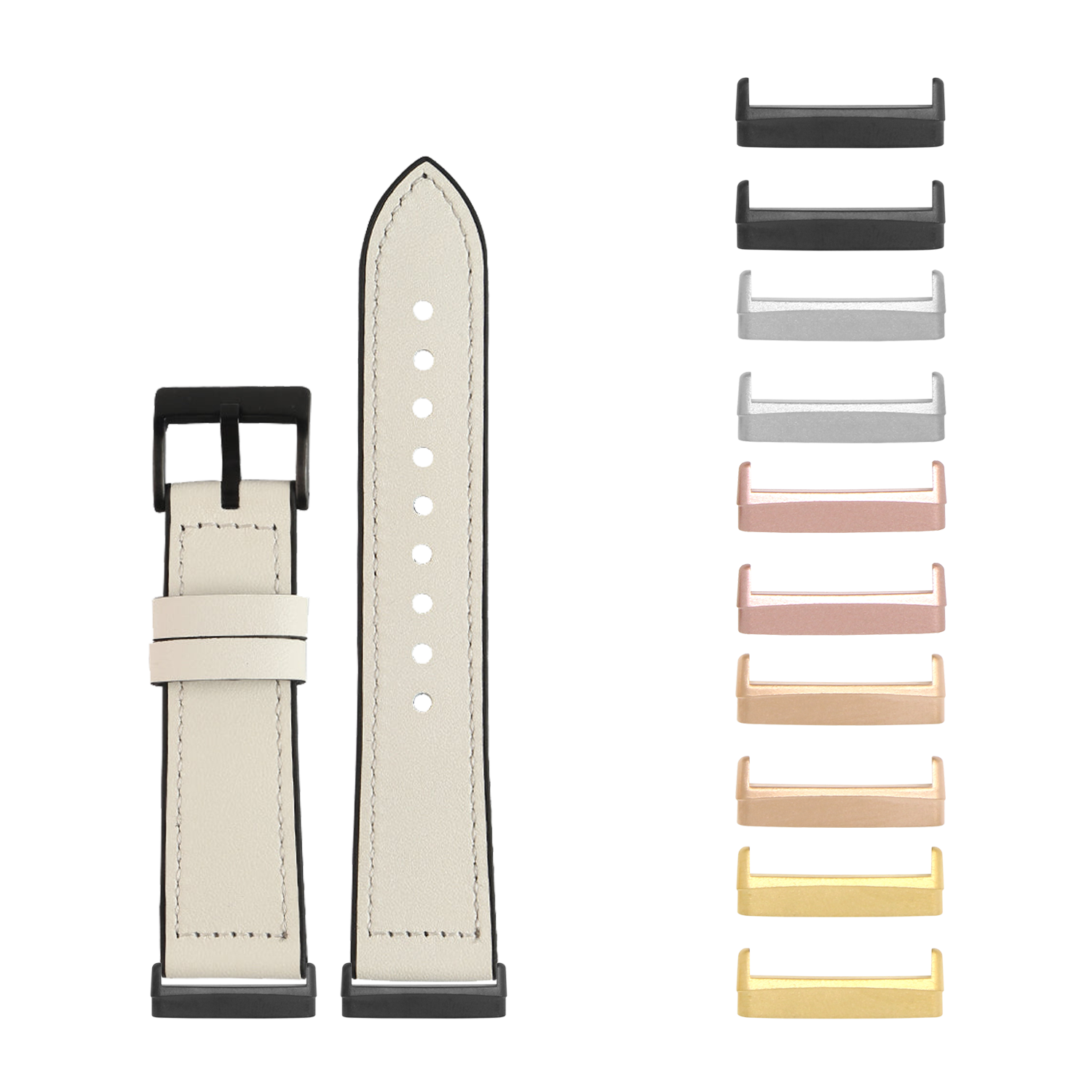 Ivory leather hybrid smartwatch band with black buckle and interchangeable metal lugs in multiple finishes for Fitbit Versa and Sense