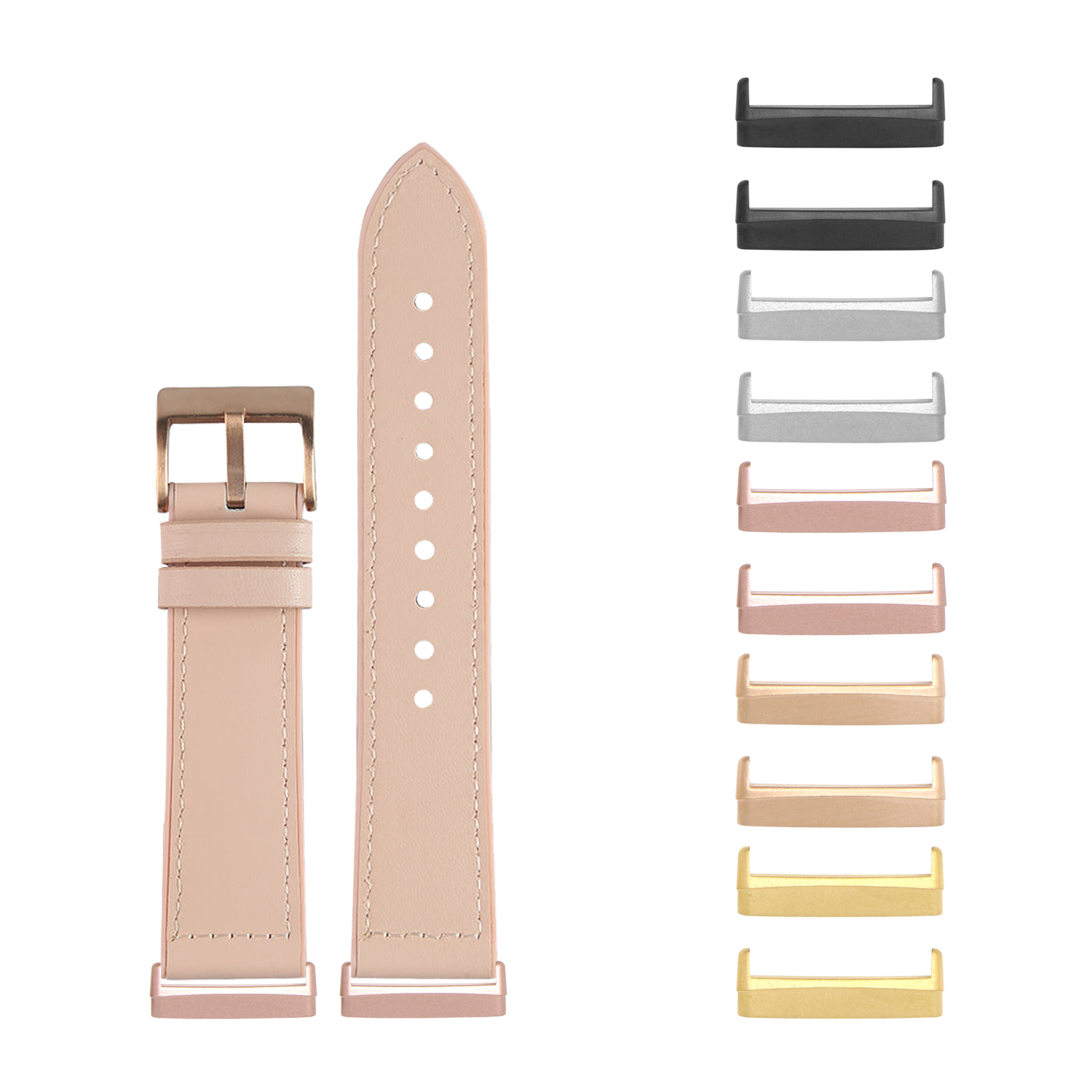 Beige leather watch band with rose gold hardware and matching interchangeable metal lugs in multiple finishes