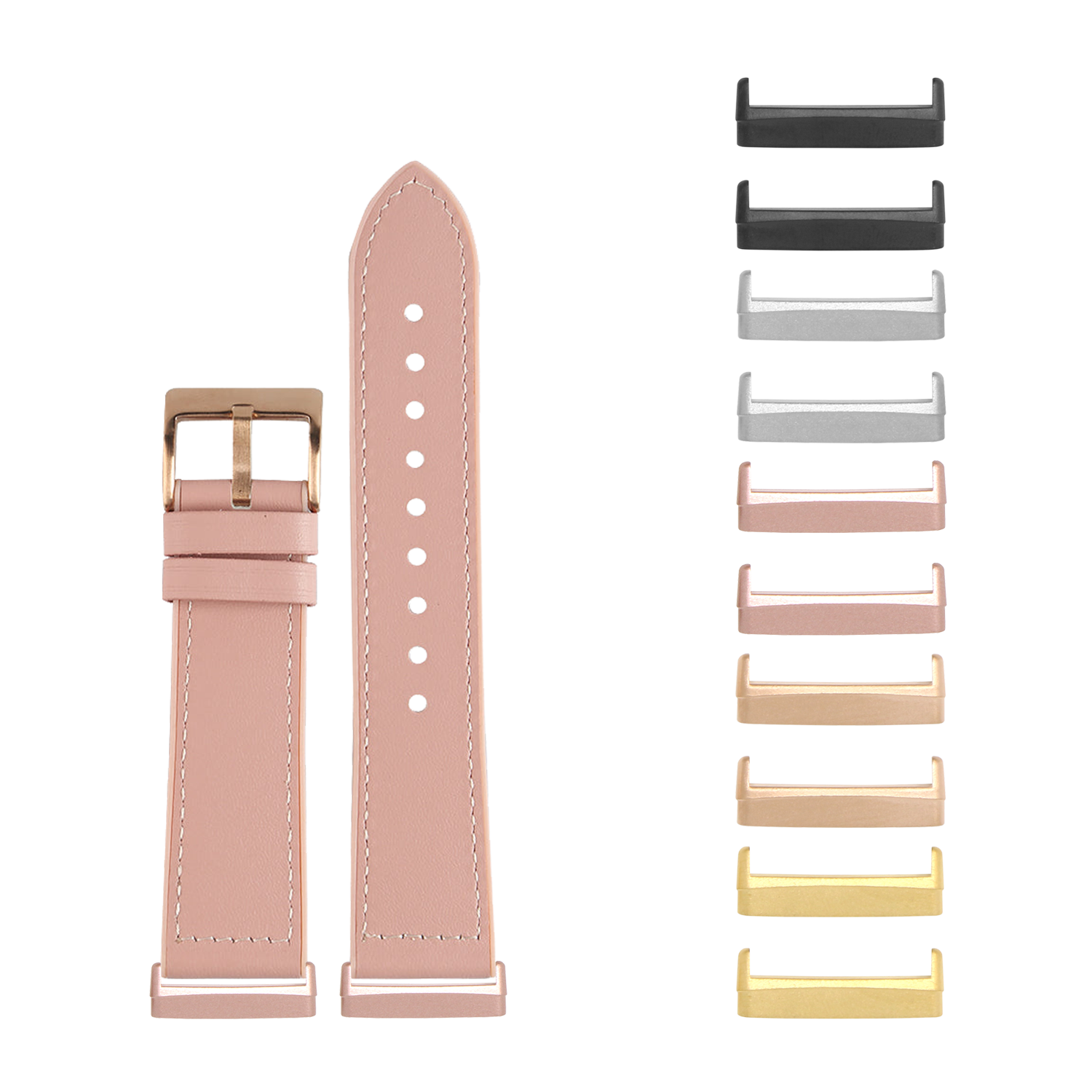 Pale pink leather hybrid smartwatch band with rose gold buckle and interchangeable metal case connectors in multiple finishes