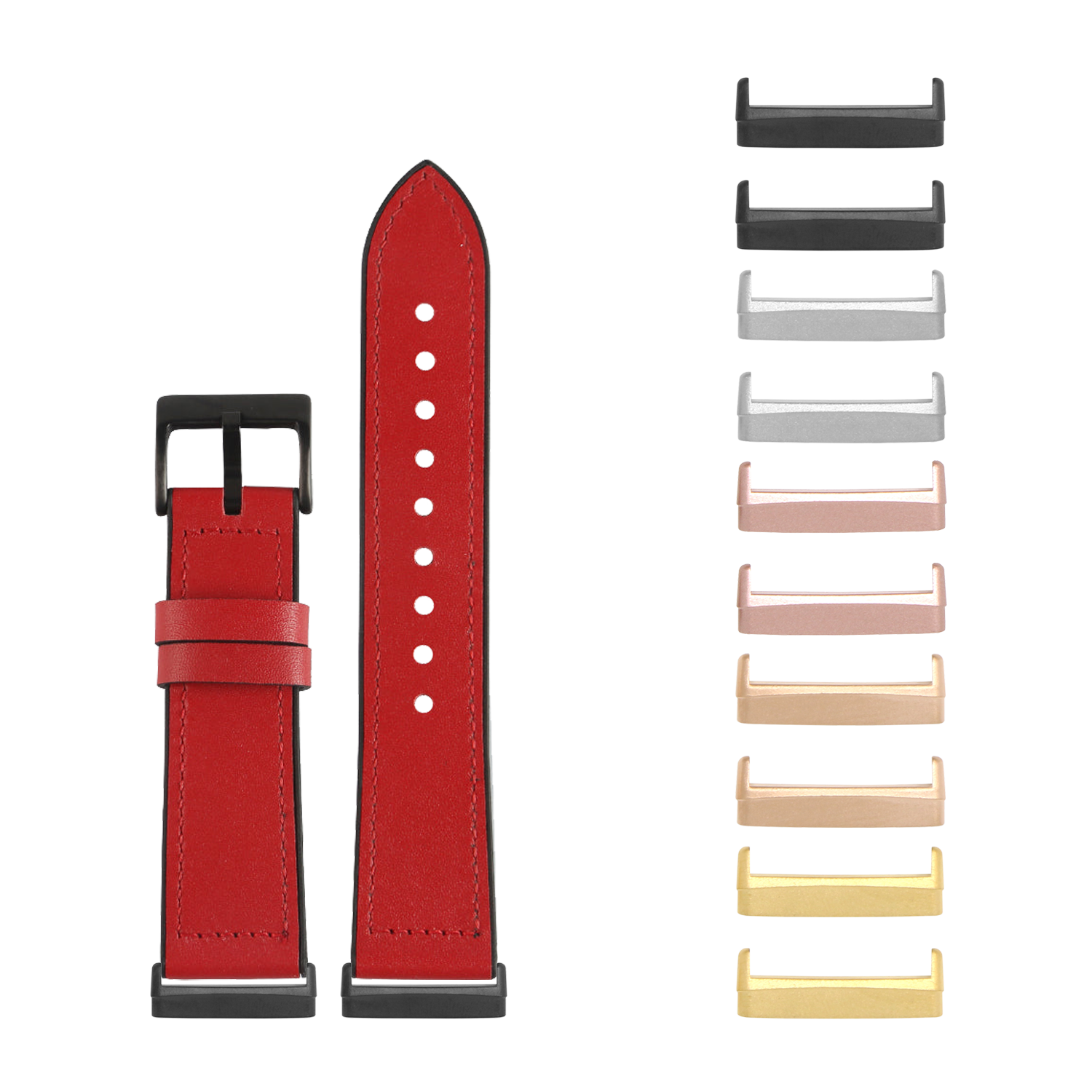 Red leather hybrid smartwatch band with black buckle and interchangeable metal lugs in multiple finishes for Fitbit Versa and Sense