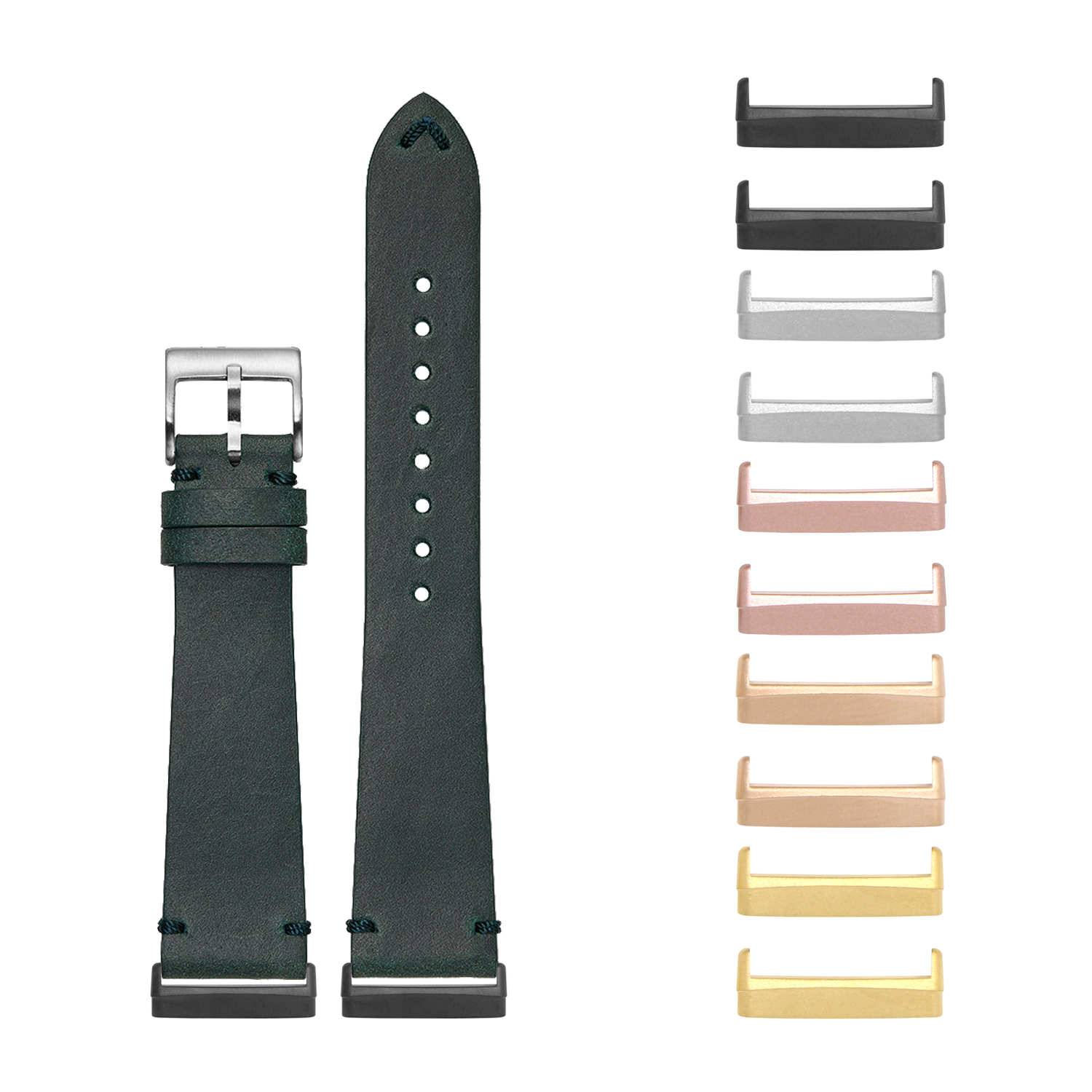 Dark green genuine leather smartwatch band with metal buckle and interchangeable lugs in multiple finishes