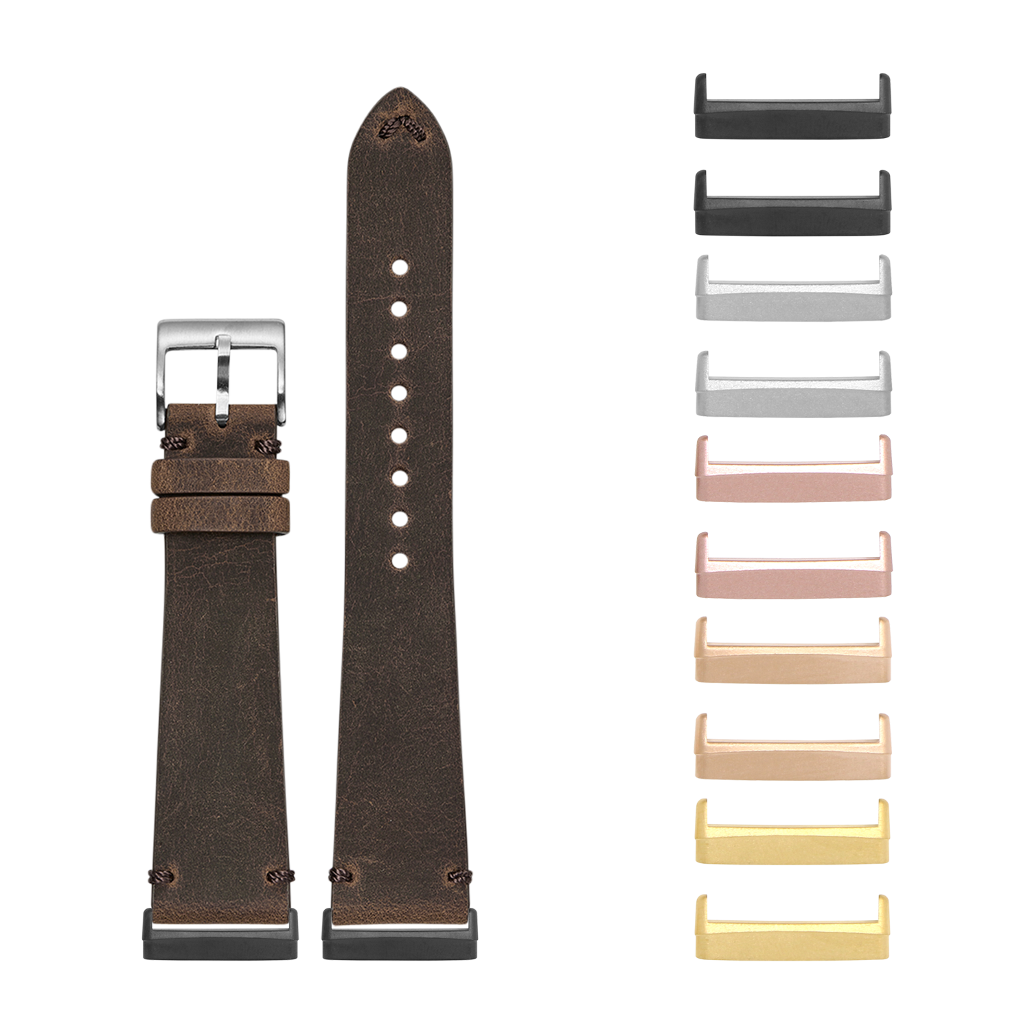 Brown vintage crazy horse leather watch band with interchangeable metal adapters for Fitbit Versa and Sense smartwatches