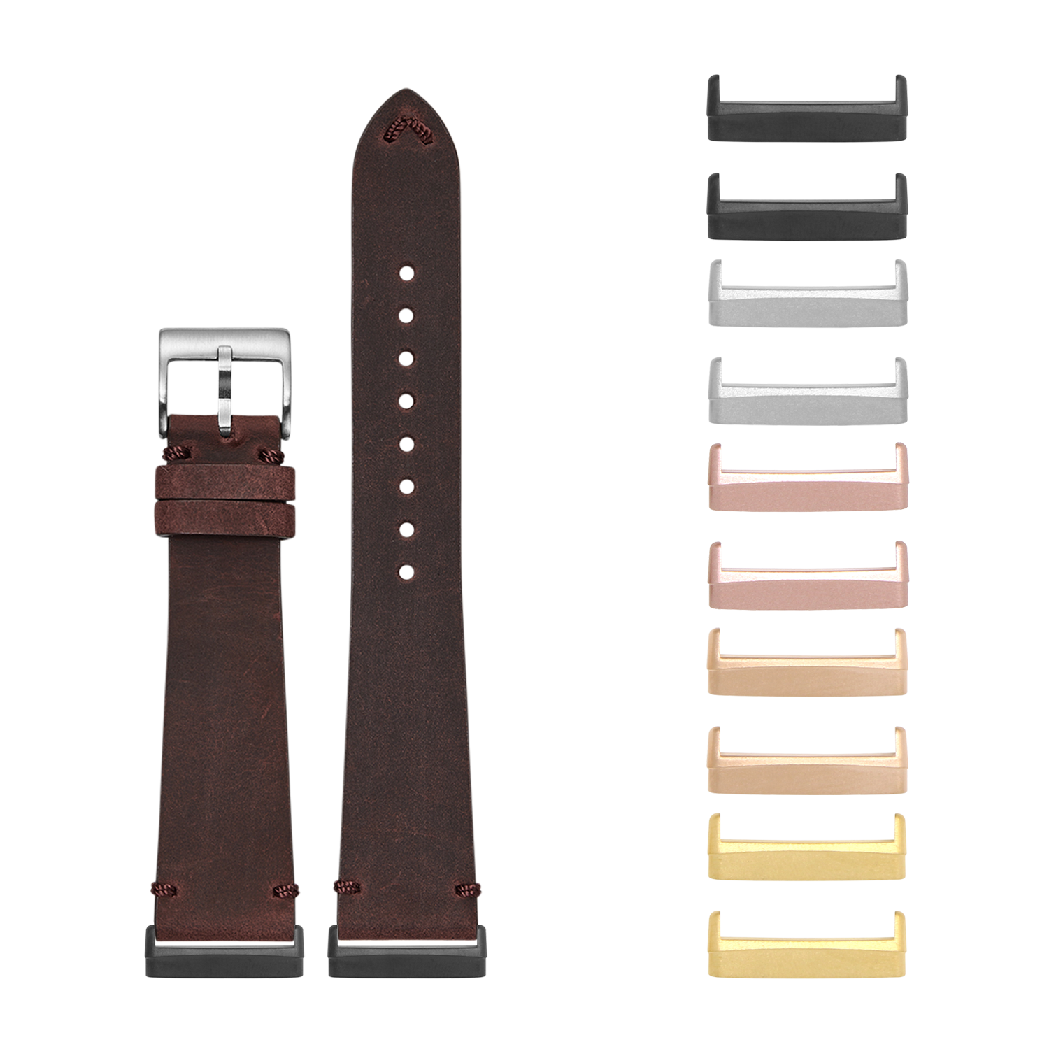 Dark brown leather watch band with silver buckle and interchangeable metal lugs in multiple finishes including black, gold, and rose gold