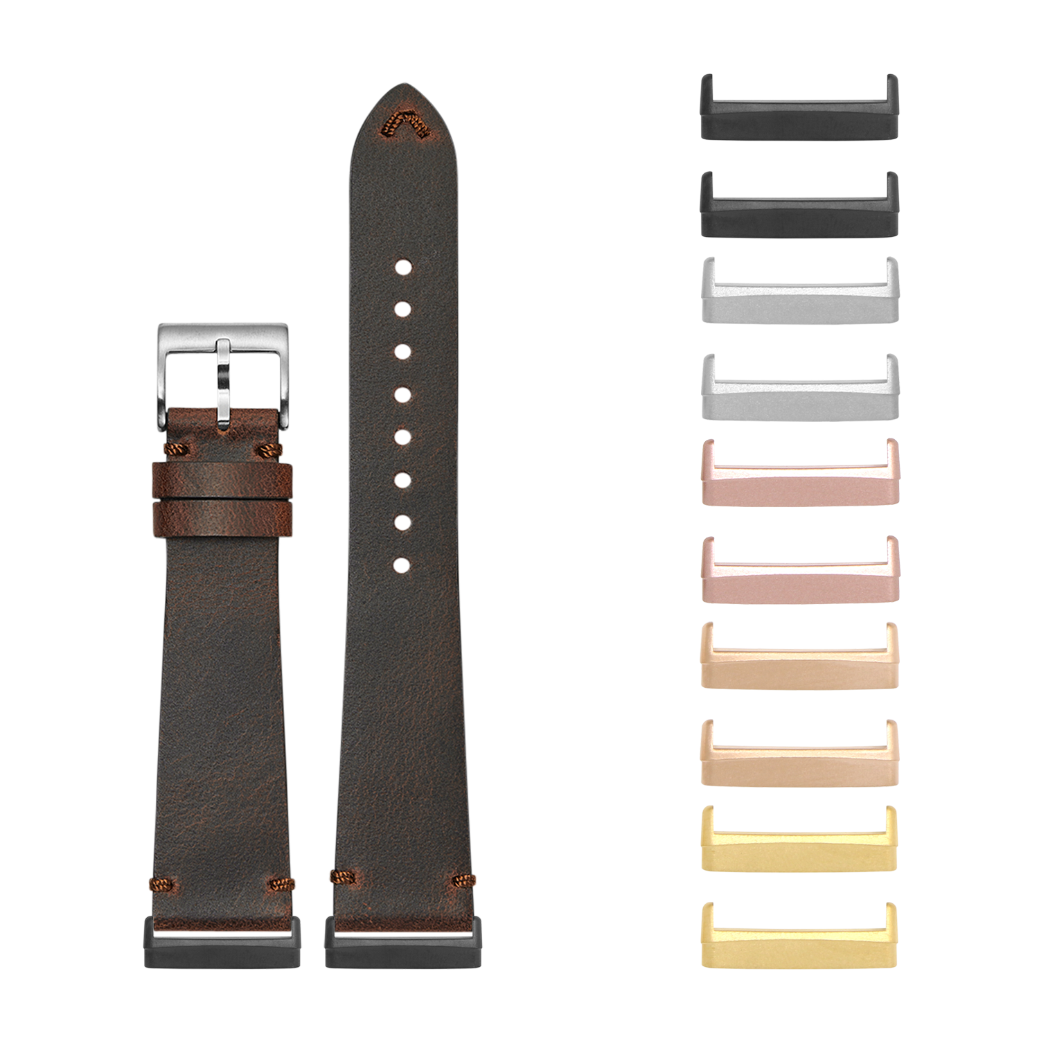 Vintage brown leather watch band with interchangeable metal lugs in multiple finishes for Fitbit Versa and Sense smartwatches