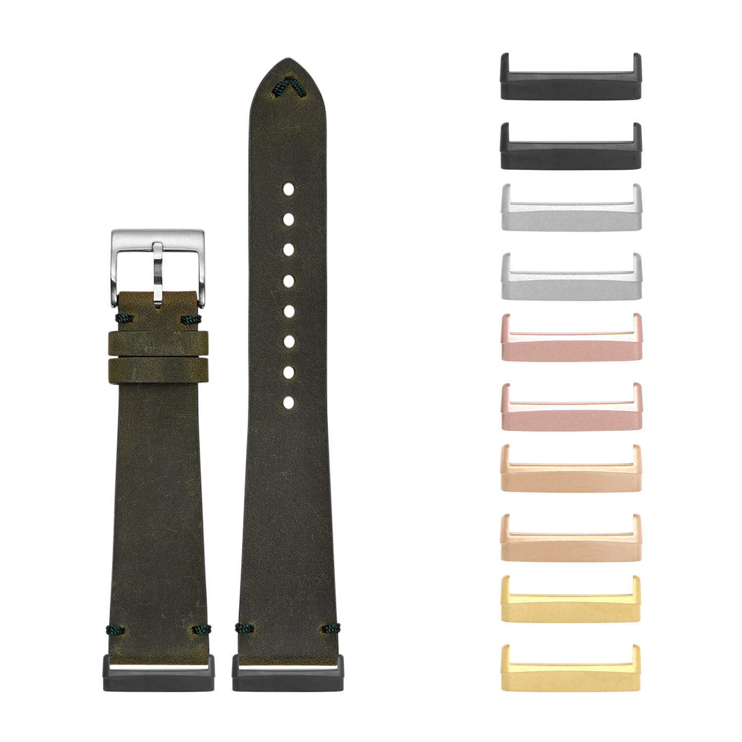 Olive green leather watch band with silver buckle and interchangeable metal connectors in multiple finishes