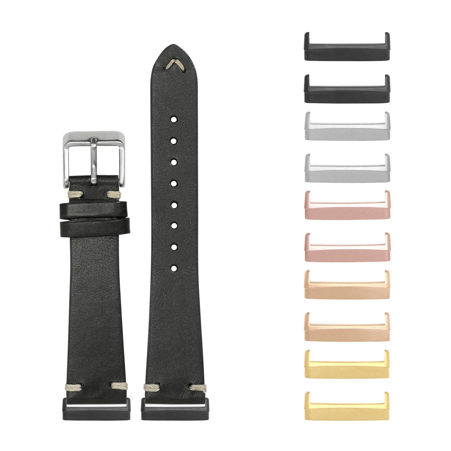 Black leather watch band with vintage knotted design and interchangeable metal lugs in multiple finishes for Fitbit Versa and Sense smartwatches