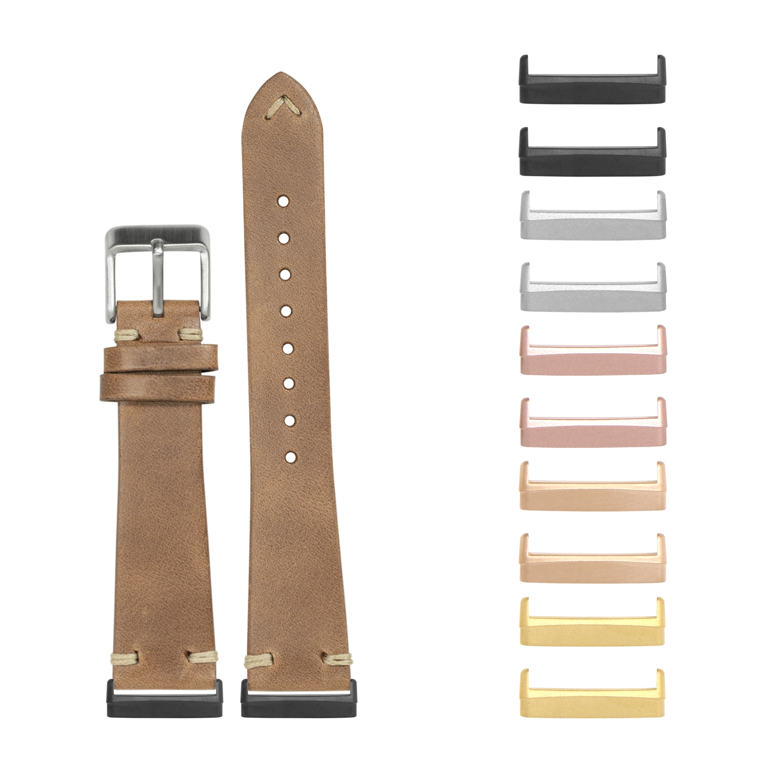 Tan leather smartwatch band with silver buckle and interchangeable metal lugs in black, silver, rose gold, and gold finishes