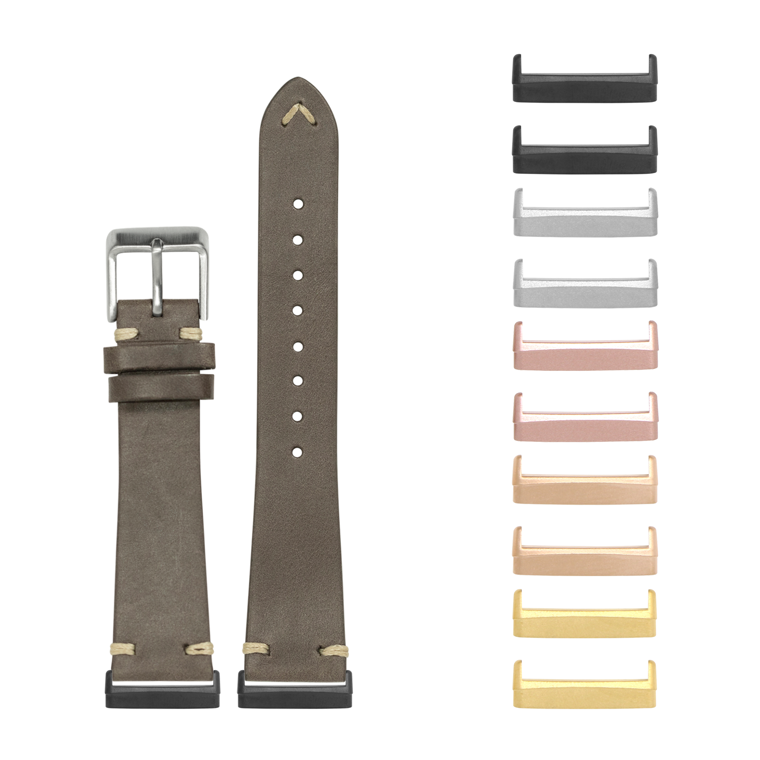 Dark brown leather watch band with stainless steel buckle and interchangeable metal lugs in multiple finishes for Fitbit Versa and Sense smartwatches