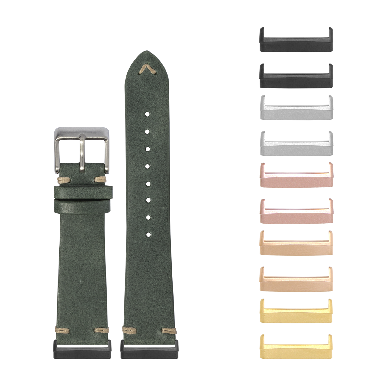 Forest green leather watch band with stainless steel buckle and interchangeable metal lugs in multiple finishes