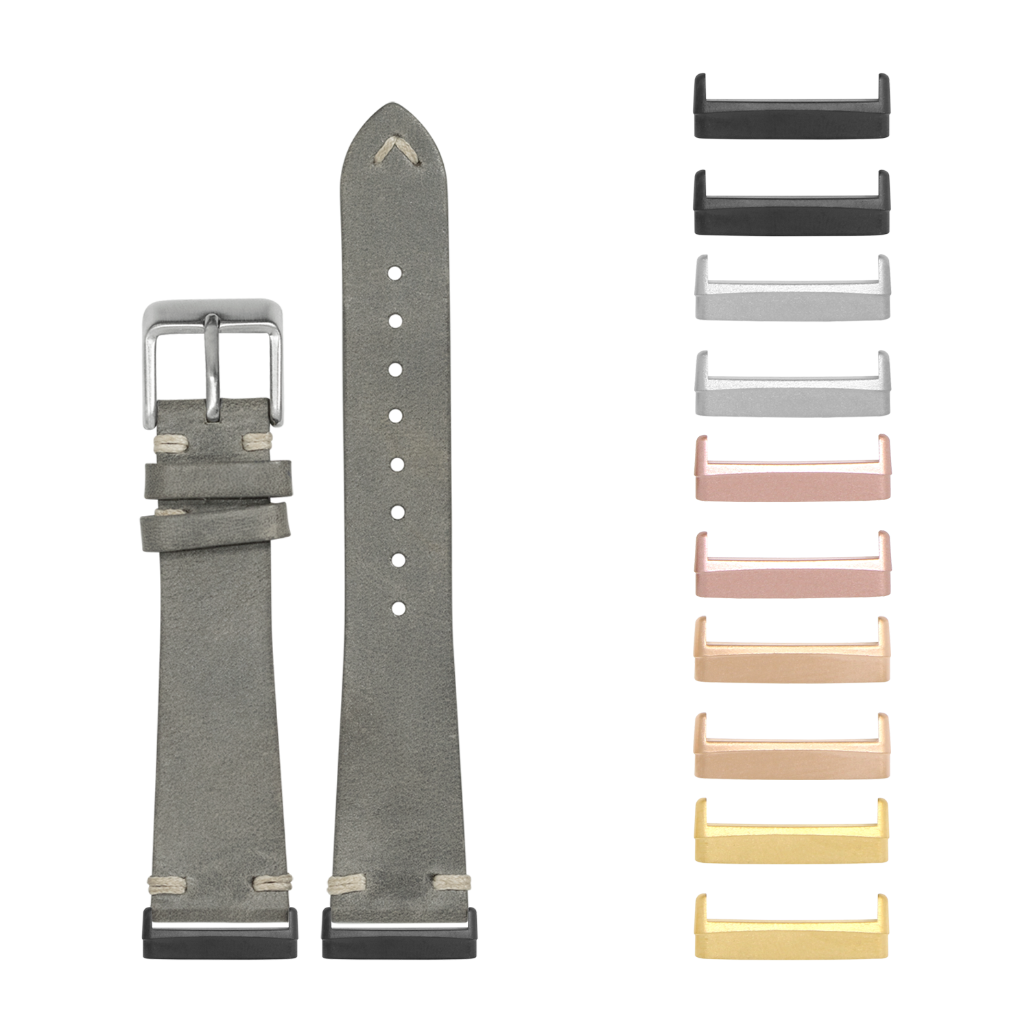 Grey leather smartwatch band with knotted design and interchangeable metal lugs in multiple finishes for Fitbit Versa and Sense