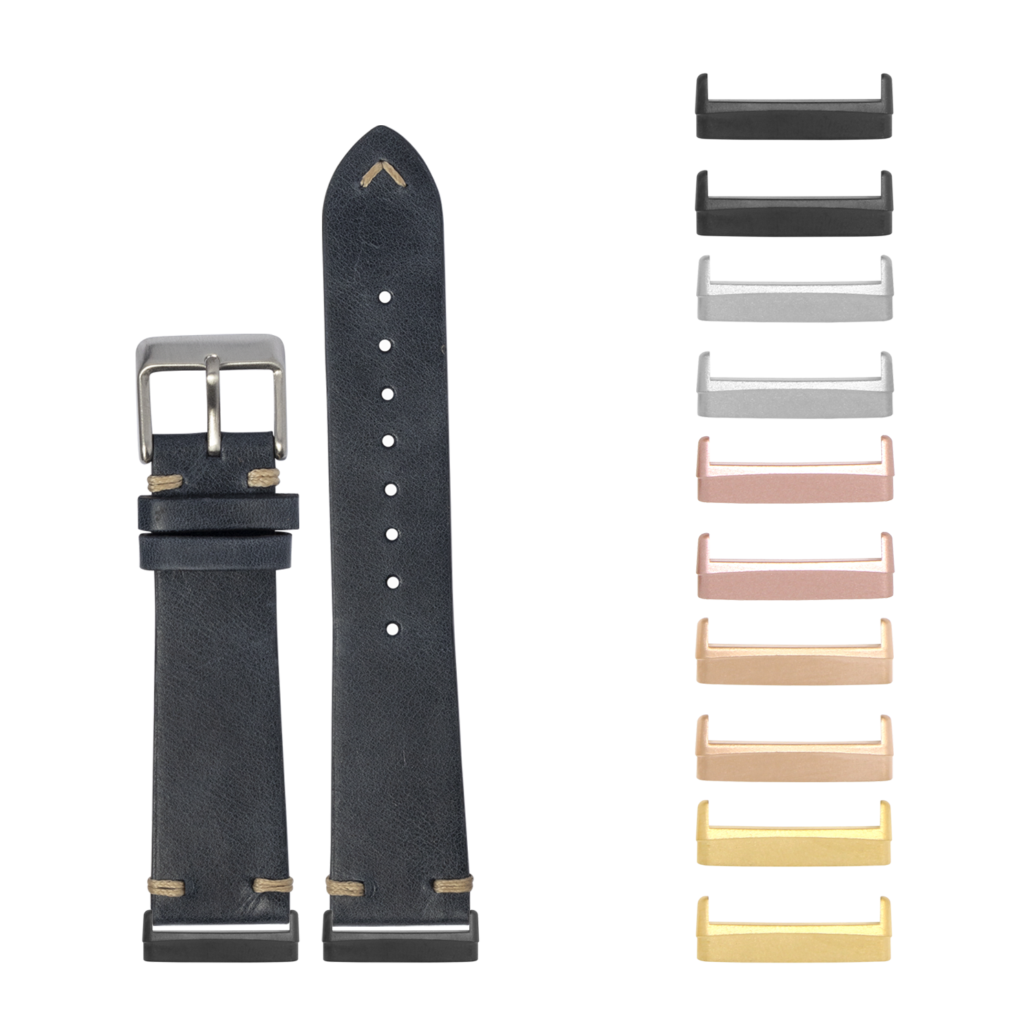 Navy blue vintage leather watch band with rose gold buckle and interchangeable metal lugs for Fitbit Versa and Sense smartwatches