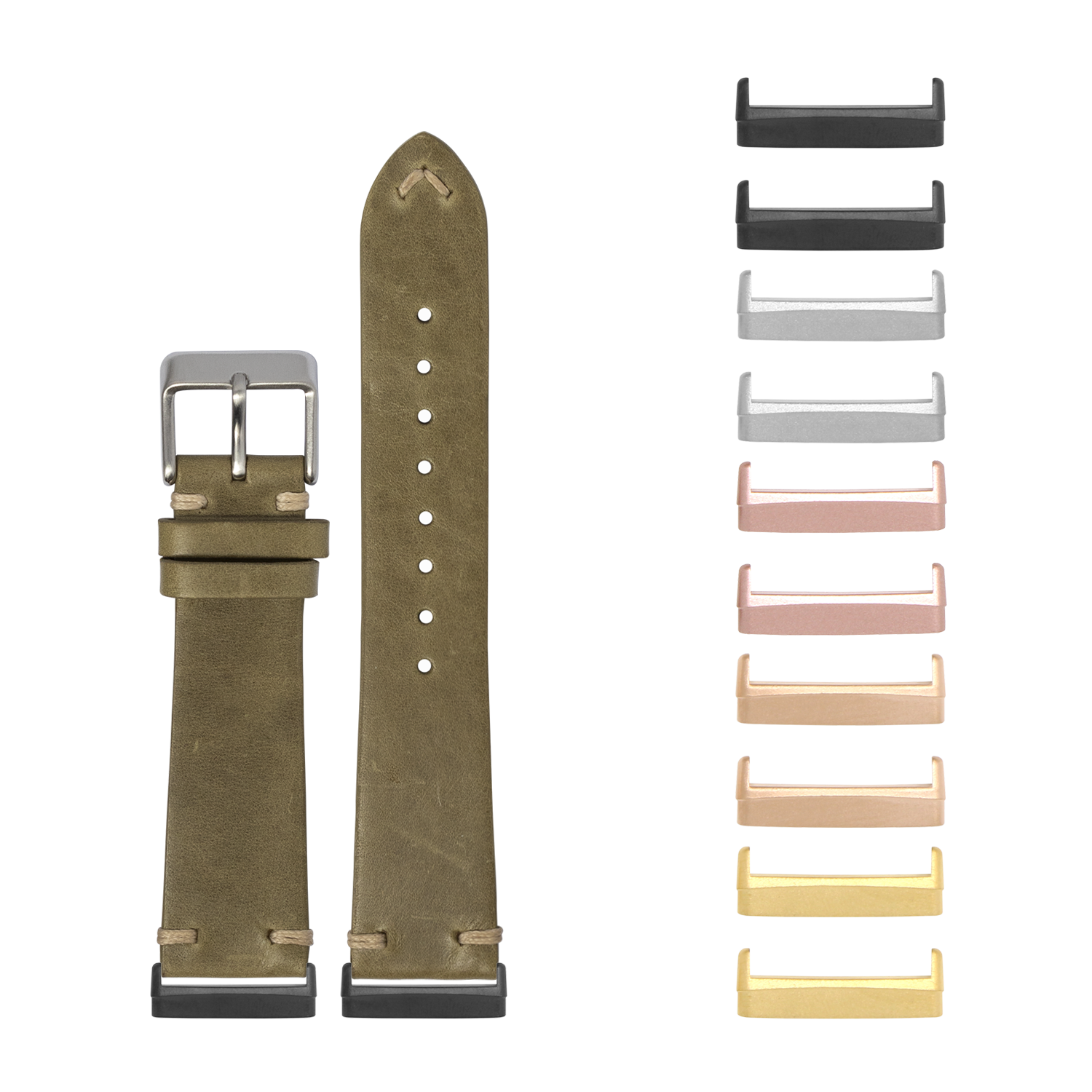 Olive green leather watch band with interchangeable metal lugs in multiple finishes for Fitbit Versa and Sense smartwatches
