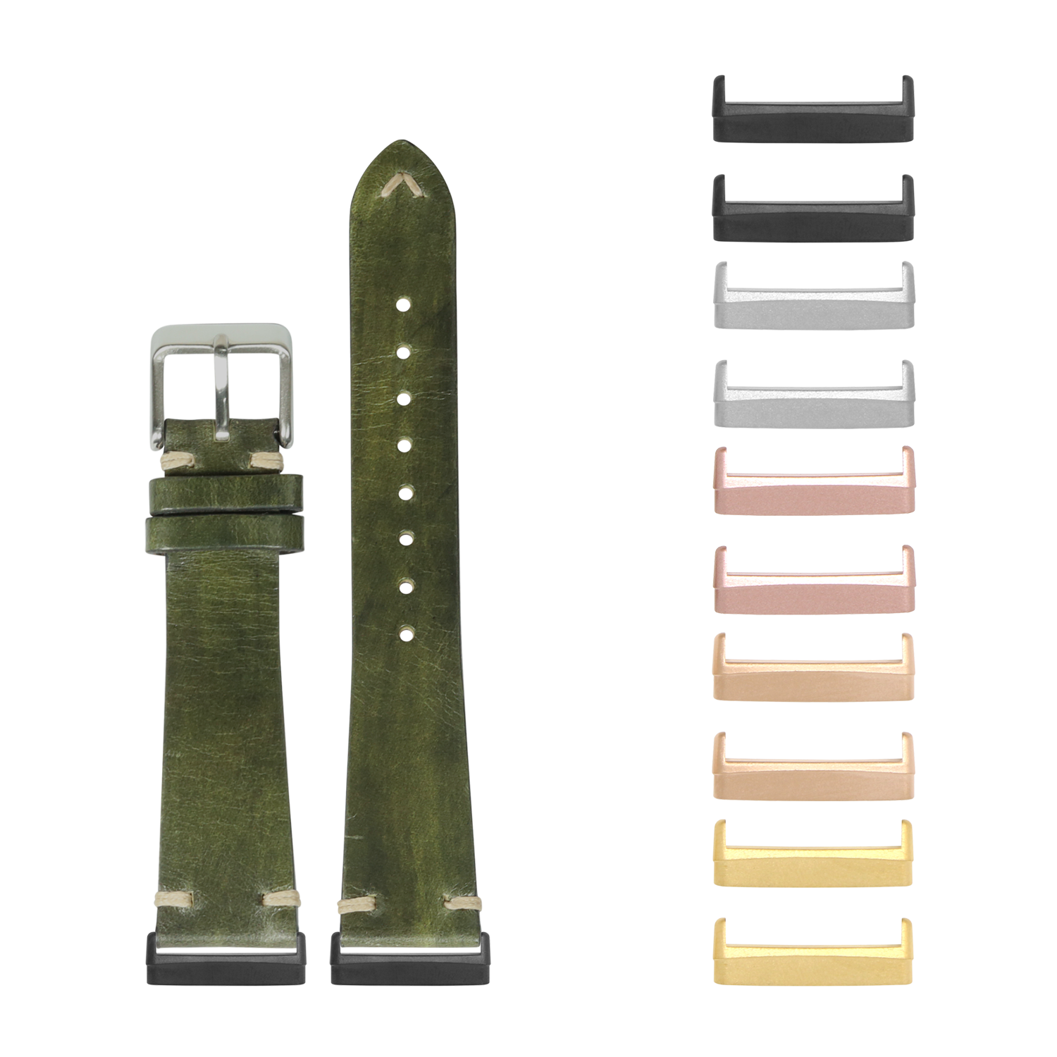 Green leather watch band with brushed silver buckle and interchangeable metal adapters in multiple finishes